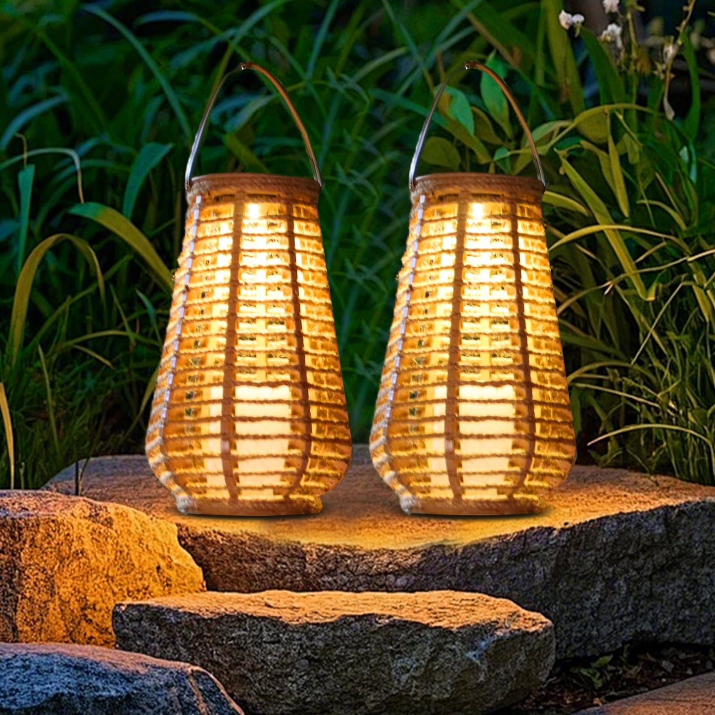 Solar Lanterns Outdoor Waterproof, Vase-Shaped Solar Lantern with Handle, Hand-Wound Rope Outdoor Lantern Dusk to Dawn 6-8Hr, Hanging & Tabletop Decor for Garden/Patio
