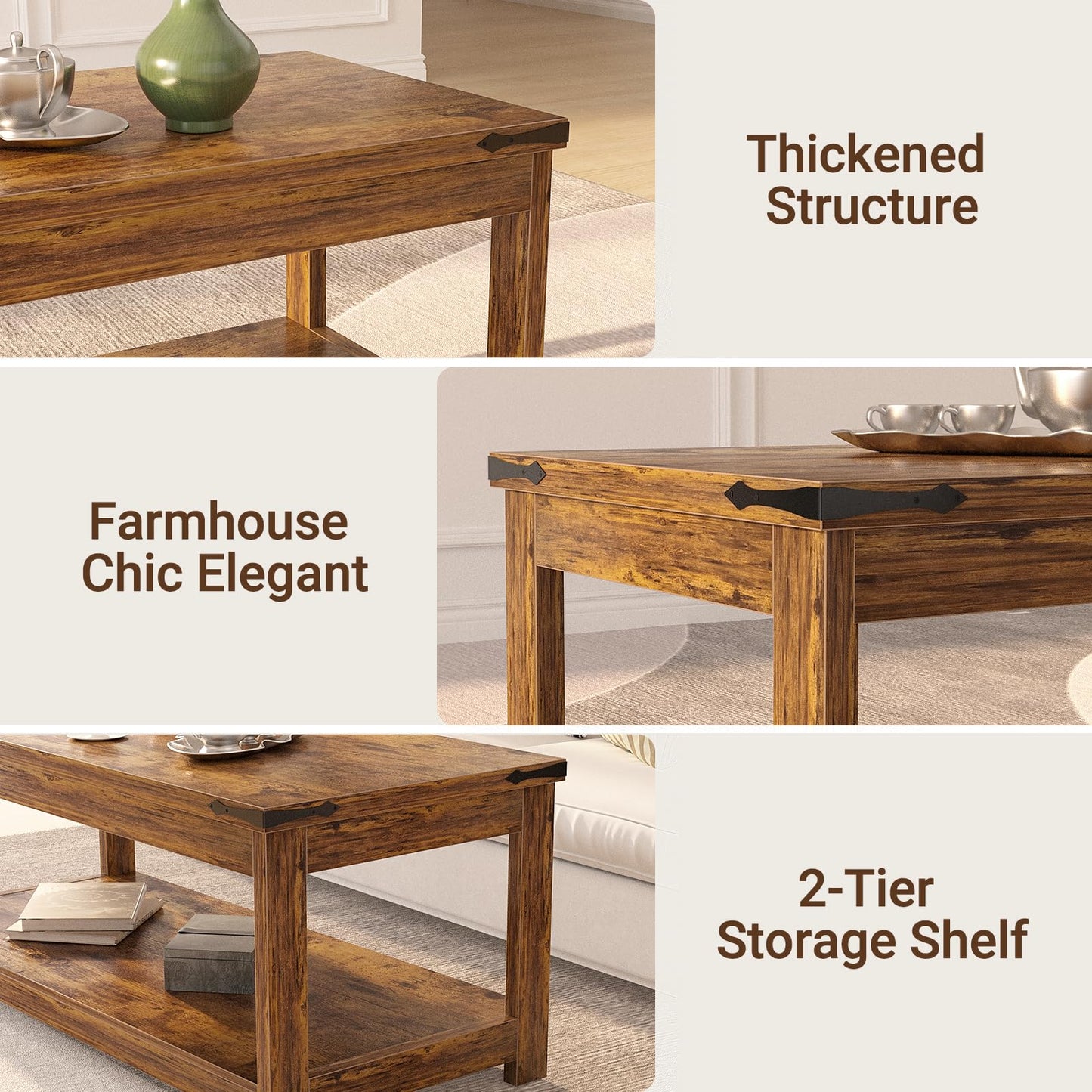 Homieasy 43.3” Rectangular Coffee Table with Storage Shelf, Farmhouse Wood Center Table for Living Room, Modern Black Tea Table with Open Shelf, Rustic Brown