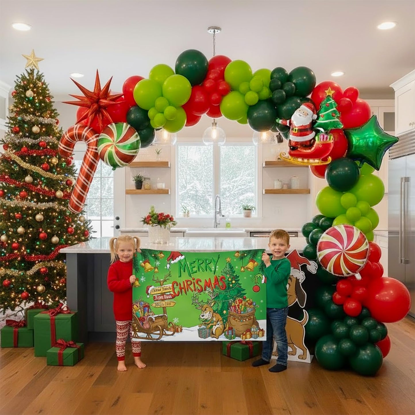Christmas Balloon Garland Arch Kit with backdrop Xmas Red Green Balloons Candy Cane Santa Claus Star Foil Balloons for Christmas New Year Birthday Party Decorations