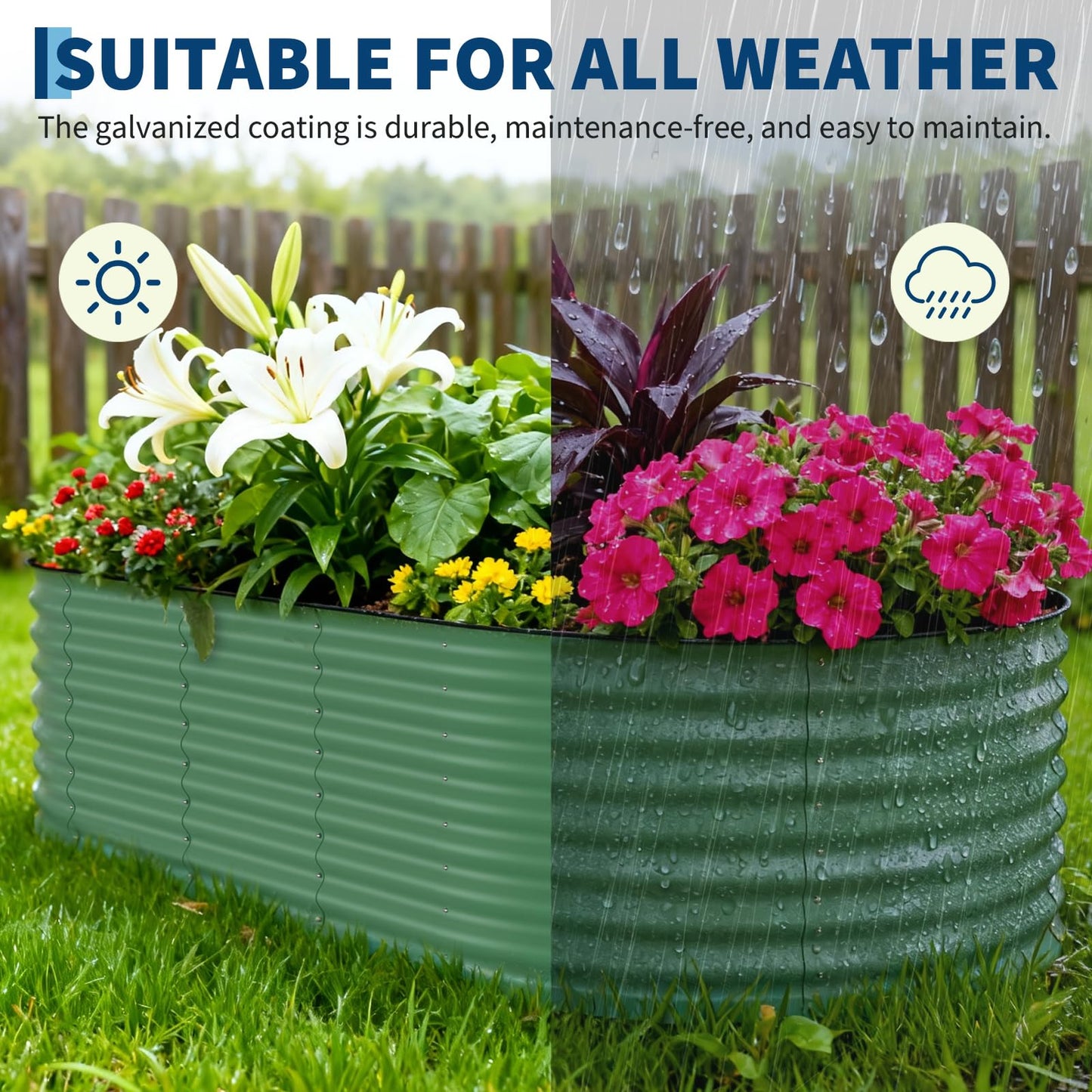 Garvee 2 Pack 10x4x1.5ft Galvanized Raised Garden Bed Kit, Oval Metal Planter Boxes with Anti-Cut Safety Edges, Rust-Resistant Deep Root Planters for Outdoor Vegetables, Flowers, Herbs, Green