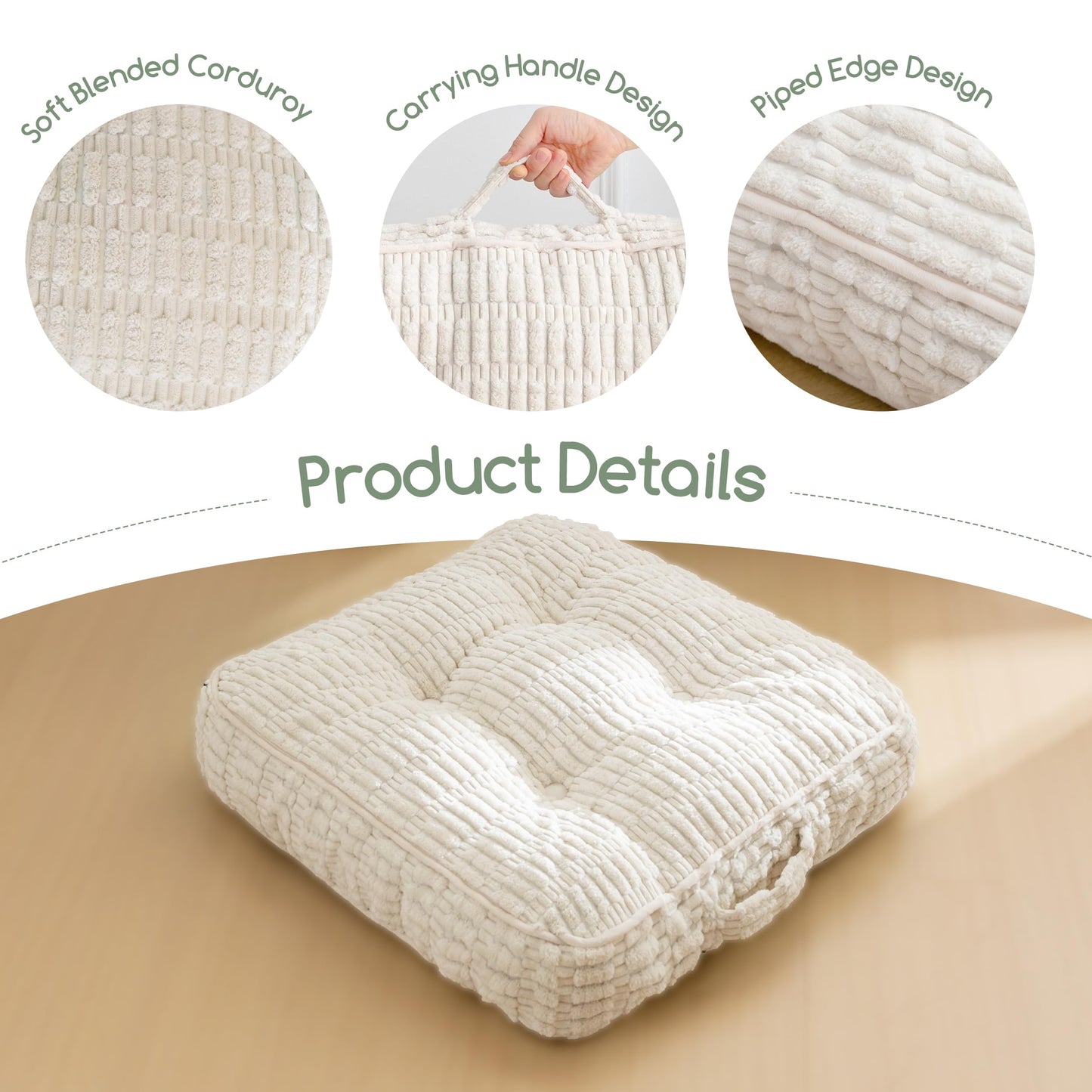 Washable Floor Pillow Cushion for Adults, Meditation Cushion Pillow, Removable Tufted Blended Corduroy Cover, Large Square Floor Sitting for Tatami Living Room or Yoga, 22x22 Inch, Machine Washable