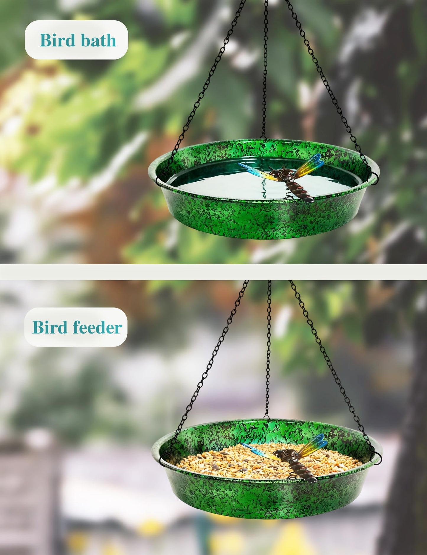Hanging Bird Bath for Outside, 11.5” Metallic Green & Blue Metal Birdbath Bowl & Feeder with Black Chain Outdoor Garden Yard Decor
