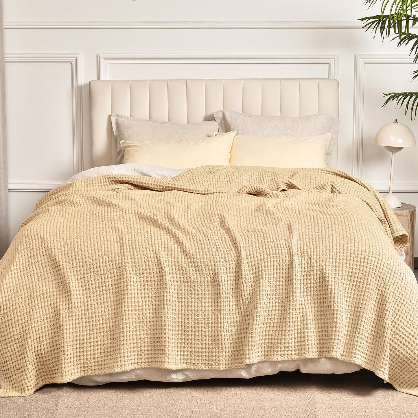 PHF 400GSM 100% Washed Cotton Waffle Weave Blanket, Cozy Breathable Skin-Friendly Throw King Size for All Season, Luxury Fall Layer Bedspread for Couch Bed Sofa, Elegant Home Decor,Beige,104"x90"