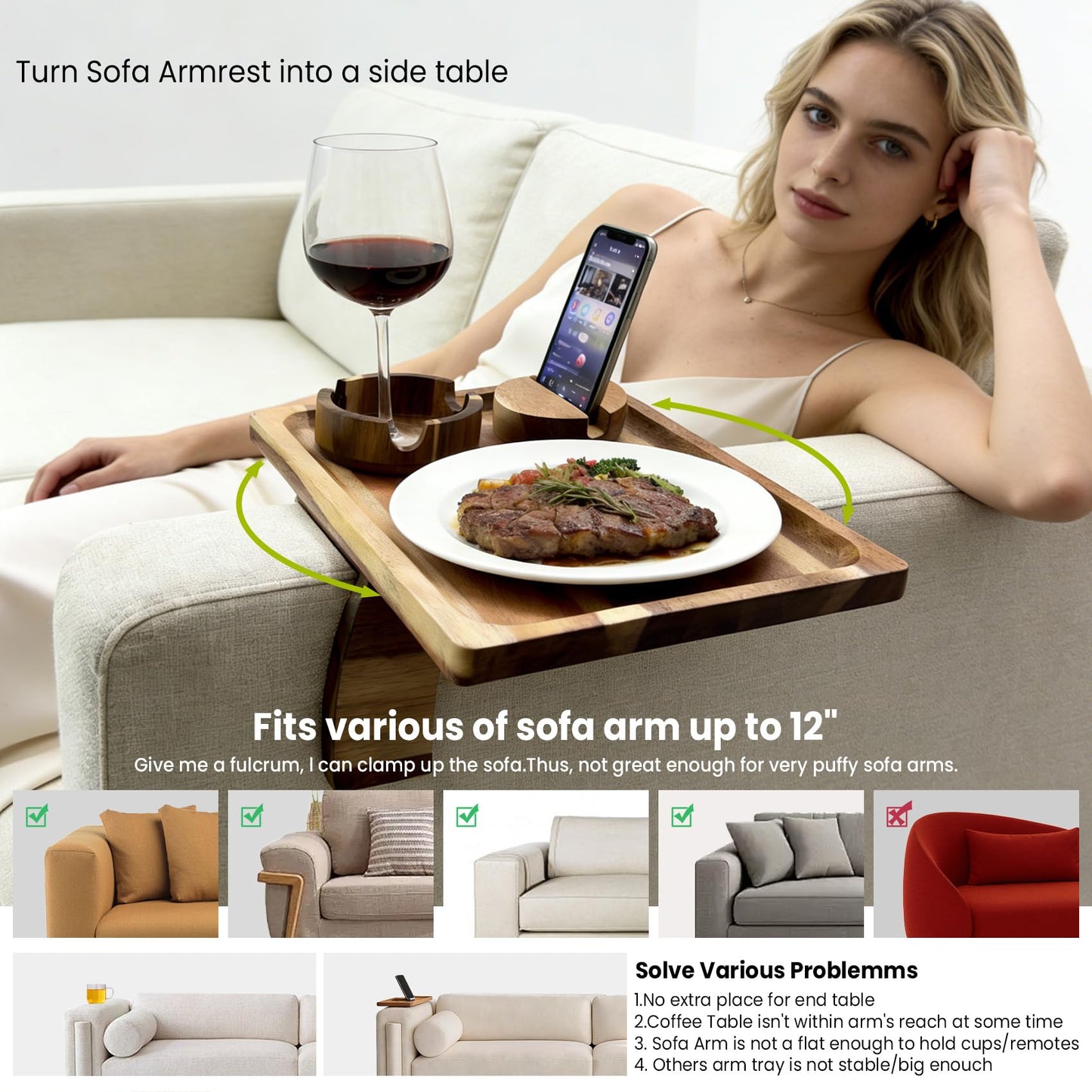 360° Detachable Rotating Acacia Wood Sofa Arm Tray Table, Serving Tray Clip On Couch Armrest Table with Cup Holder & Phone Stand, TV Dinner Tray for Eating on Sofa, TV Trays Fits for Small Spaces
