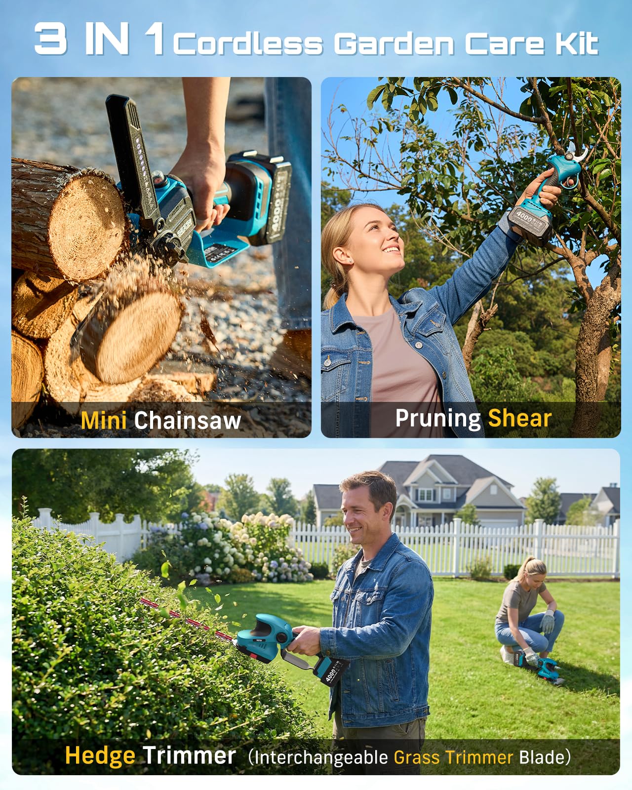 SEESII Electric Chainsaw Trimmer Pruner: 3-in-1 Cordless Chainsaw, Hedge Trimmer, Pruning Shears with 2× Rechargeable 4000mAh Batteries, Garden Tool Kit for Tree Trimming and Branch Cutting