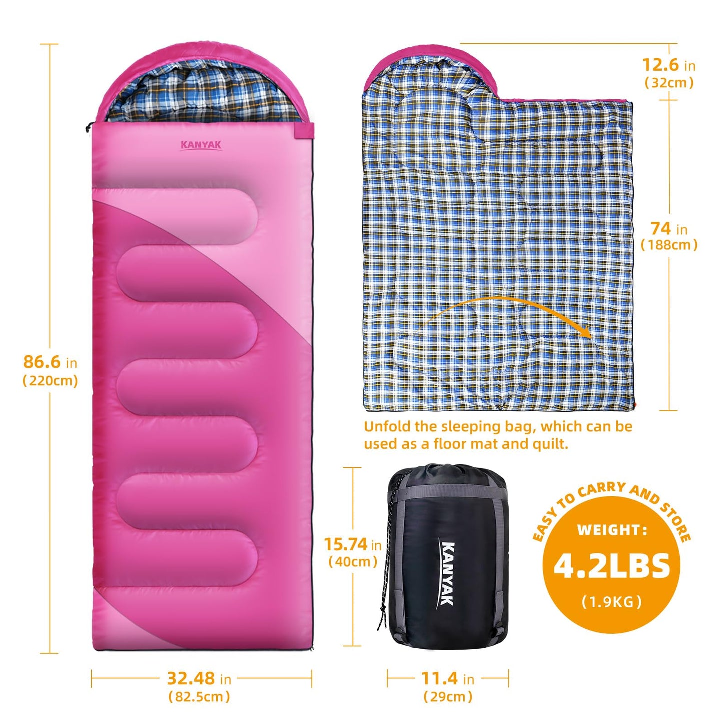 KANYAK Pink Sleeping Bag with Carry Bag, Warm Washable and Skin-Friendly Camping Sleeping Bag for Festival Sleep-Outs or Outdoor Adventures