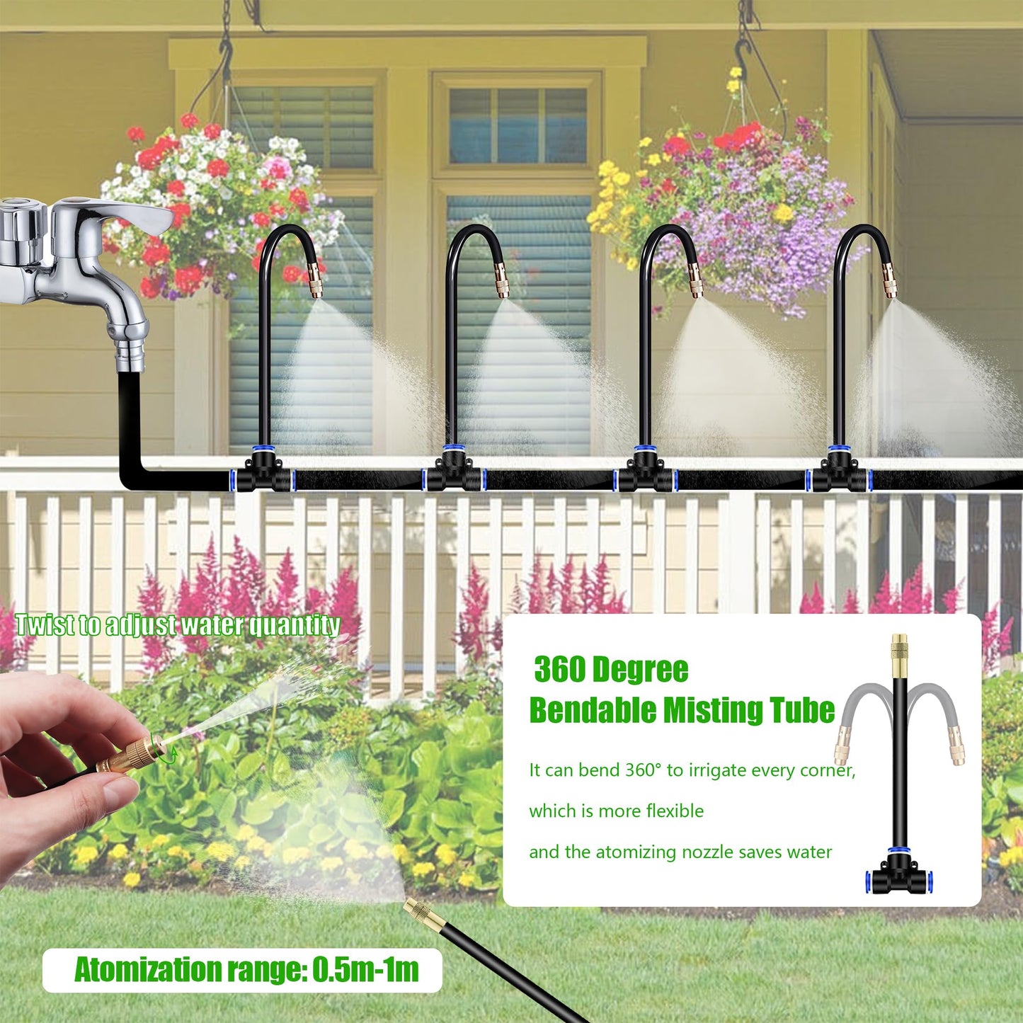Dianrui 360° Curved Garden Automatic Irrigation System—50FT Drip Irrigation System for Garden, Garden Mister System for Greenhouse, Yard, Lawn, Plant (Dropper Atomizing Mist Nozzles, 5/16")