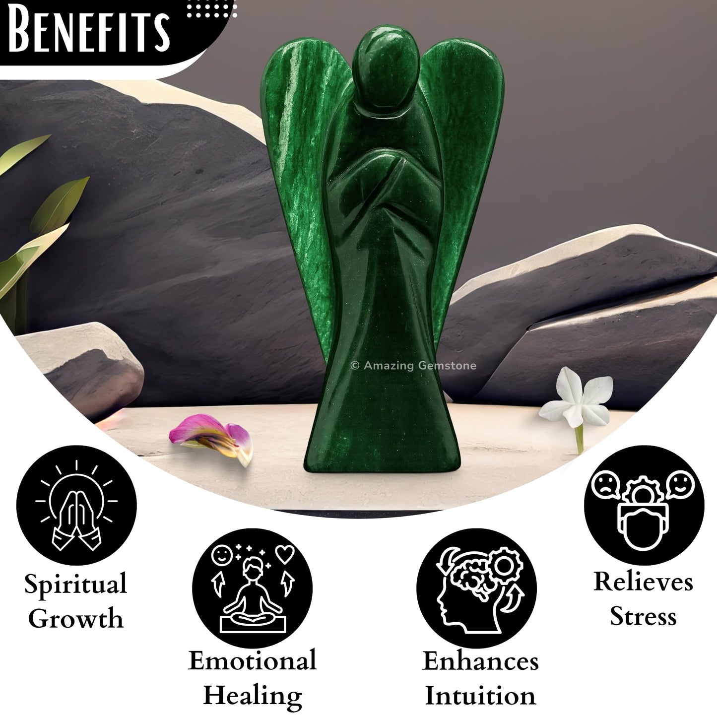 Amazing Gemstone Dark Green Aventurine Angel - Green Aventurine Crystal Angel and Pocket Guardian Angel Crystal Figurines (3 inches)