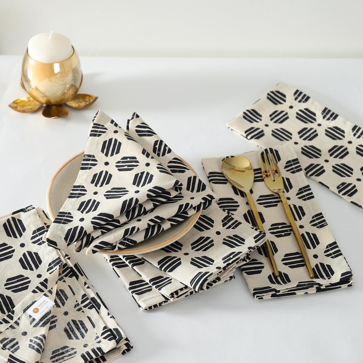 Taran Geometric Beige Print Cotton Dinner Napkins Set of 12 | 18x18 Inches | 100% Natural, Reusable Linens for Dinner, Events, Weddings