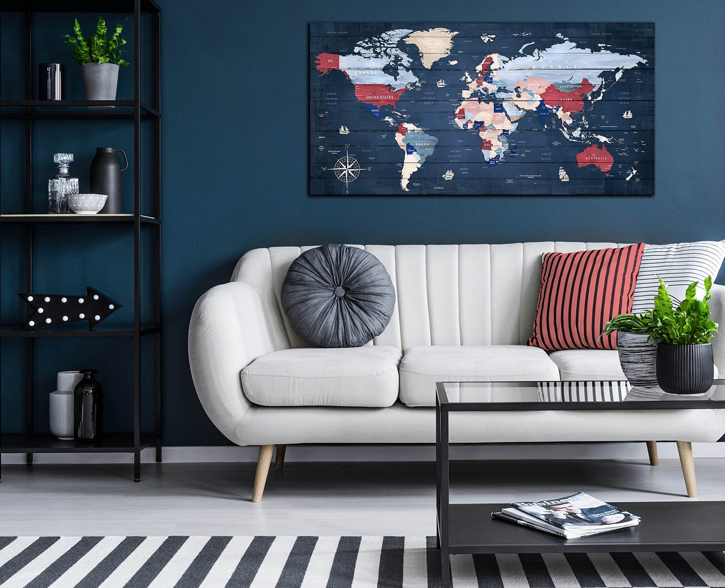 ZHAOSHOP Blue World Map Wall-Art For Office - Large World Maps For Wall - Canvas Wall Art Stretched and Framed Ready to Hang Size 40" x 20"