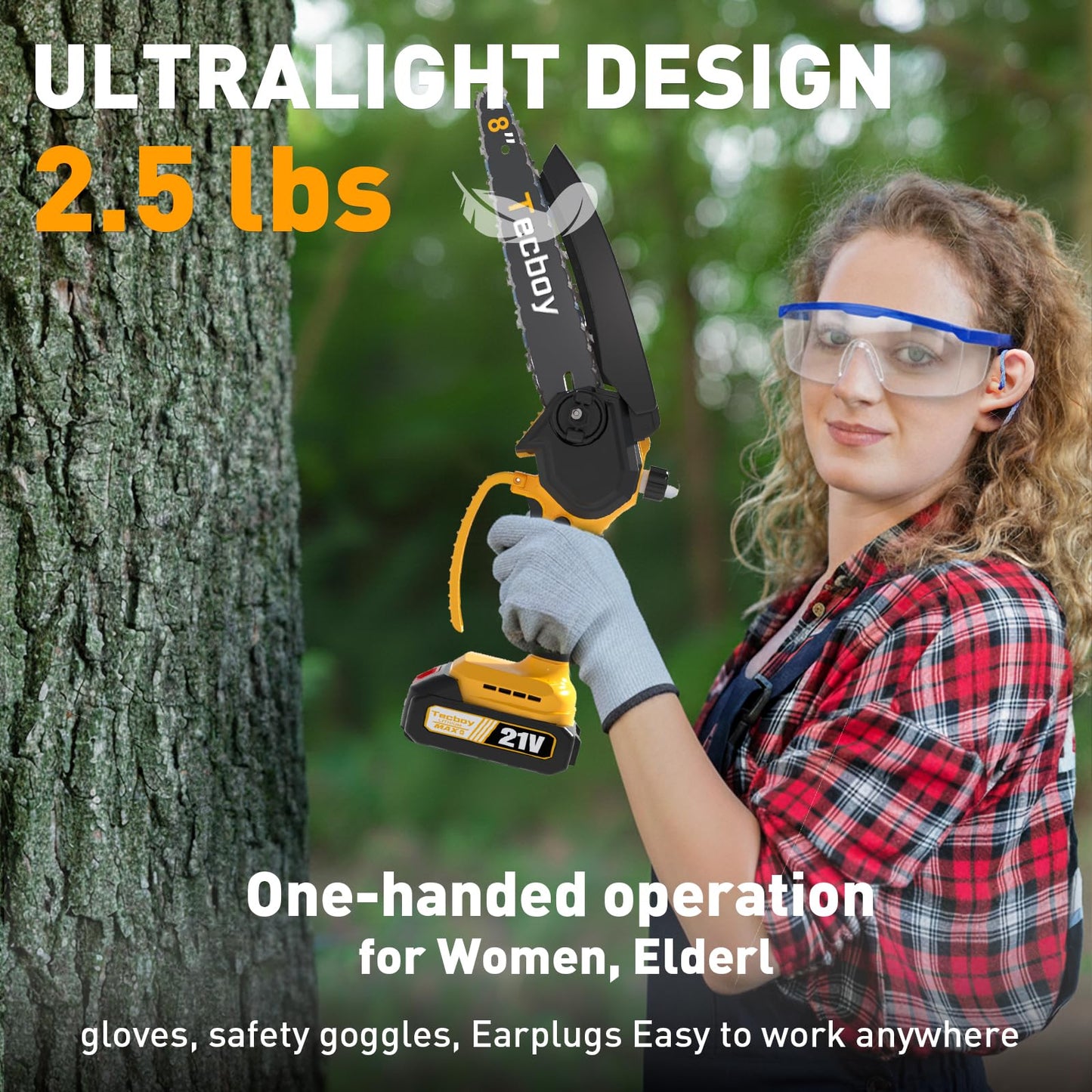 8 Inch Mini Electric Chainsaw Cordless, 6 Inch Portable Chain Saw for Makita 18V Battery Powered Saws Small HandHeld Saw with 2 Batteries Yard Tool Tree Trimming Wood Cutting Gifts Men Dad(GoldYellow)