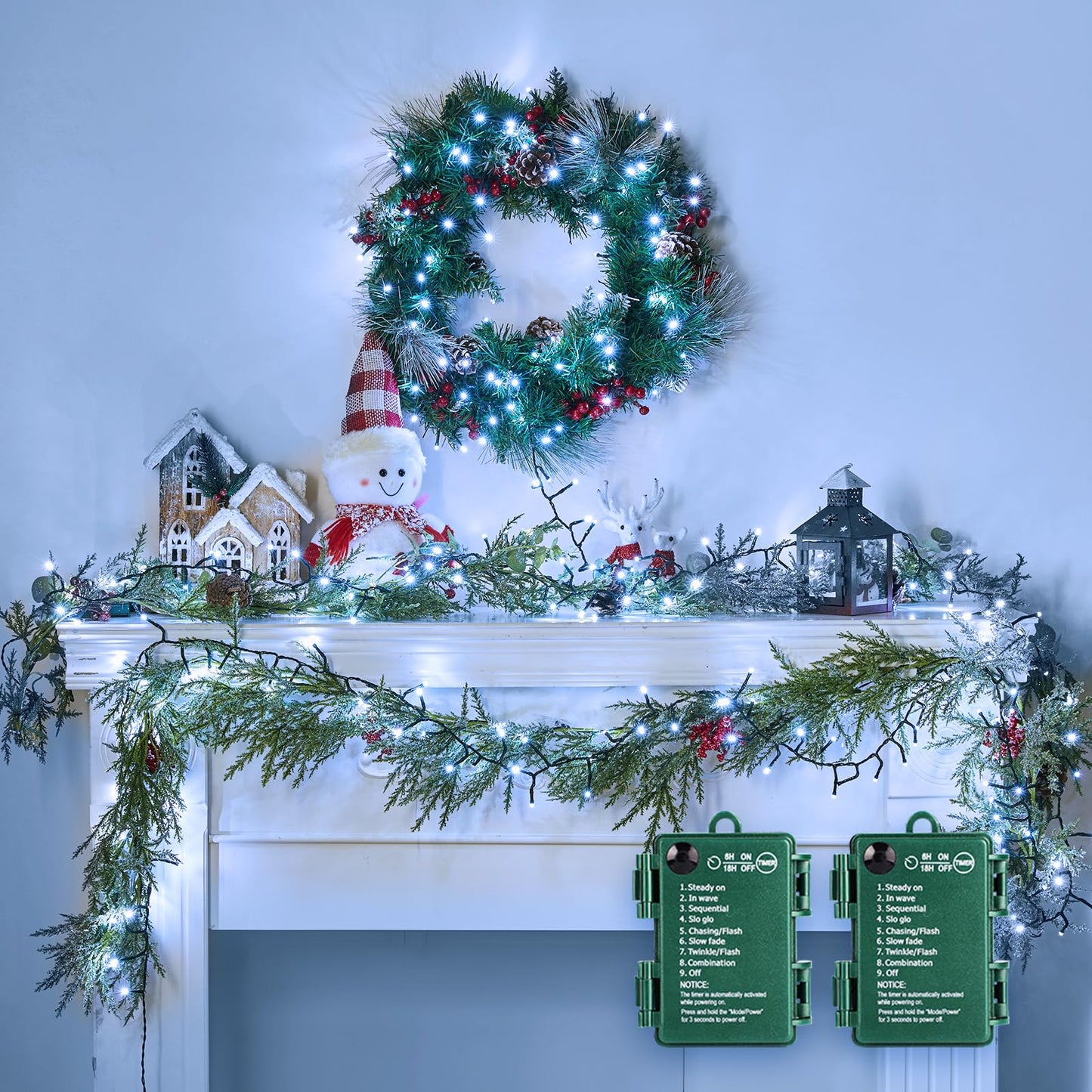 Minetom Christmas Cluster Lights, 10Ft 120 LED, Battery Operated, Waterproof, Cool White, 2 Pack, Model BPD-LUO-DCH-120D