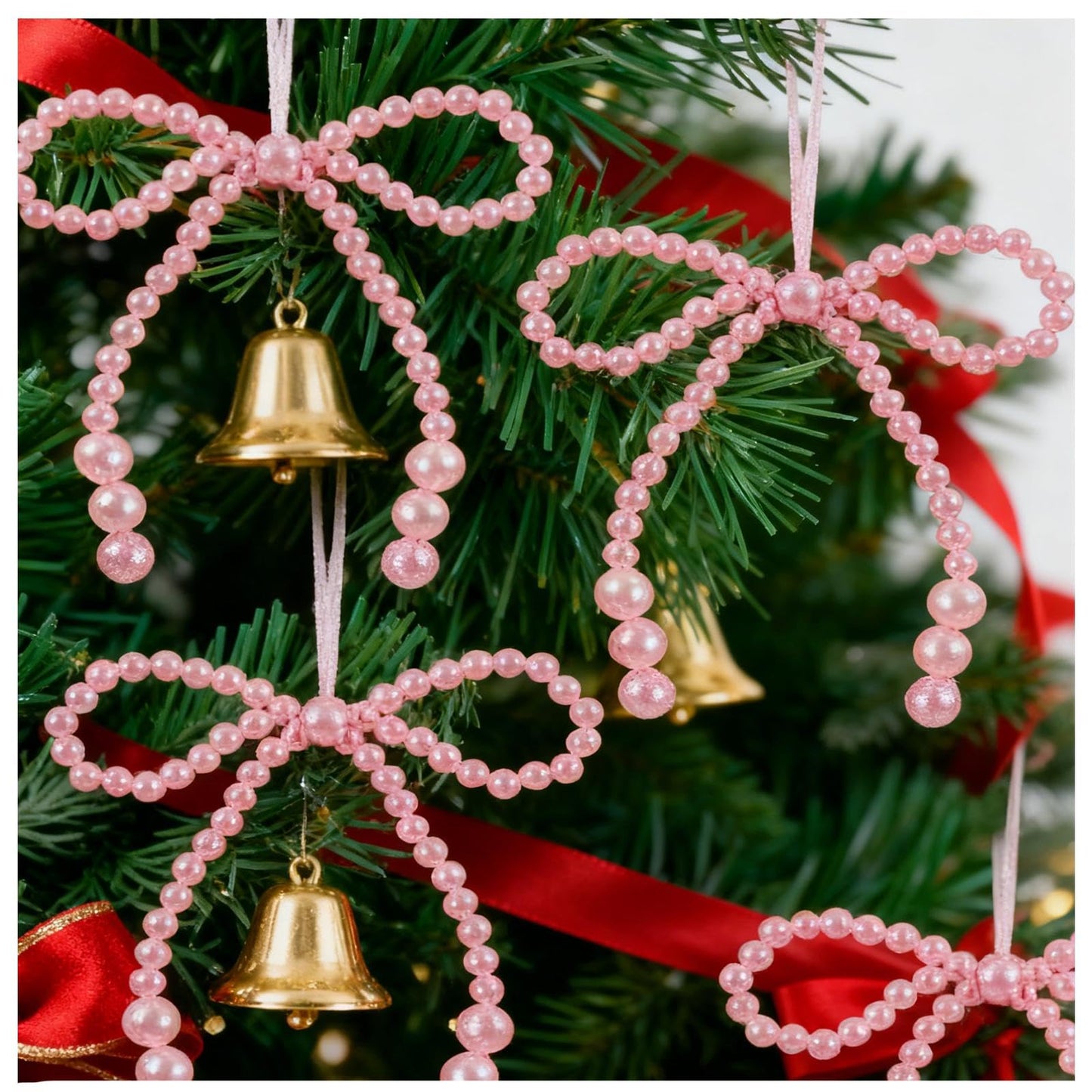 12 Pcs Pearl Bow Christmas Ornaments Pink Bowknot Tree Topper Decor Xmas Hanging Ornament Pendant Decoration