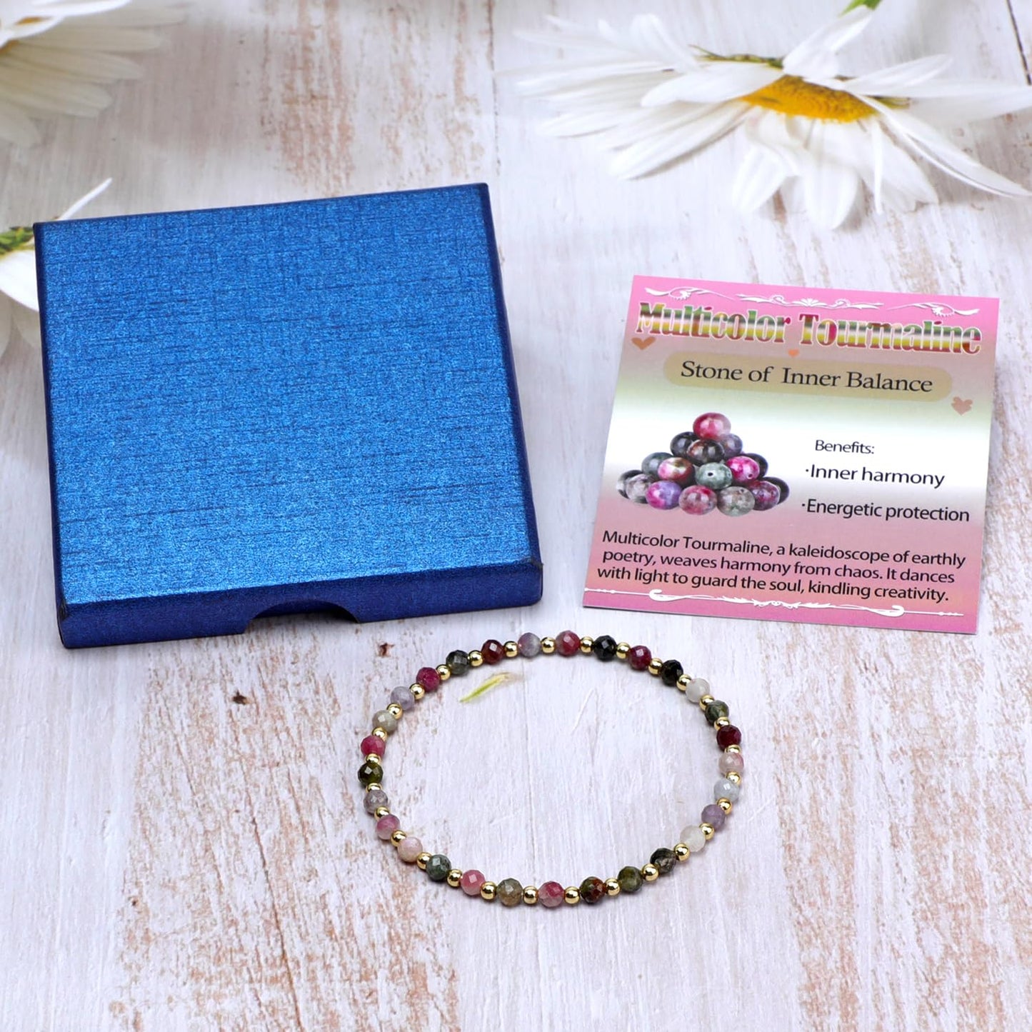 QOGIR Multicolor Tourmaline - Stone of Inner Balance - 14K Gold Plated Beads Natural Gemstone Stretch Elastic Dainty Healing Beaded Bracelets Gifts 4mm