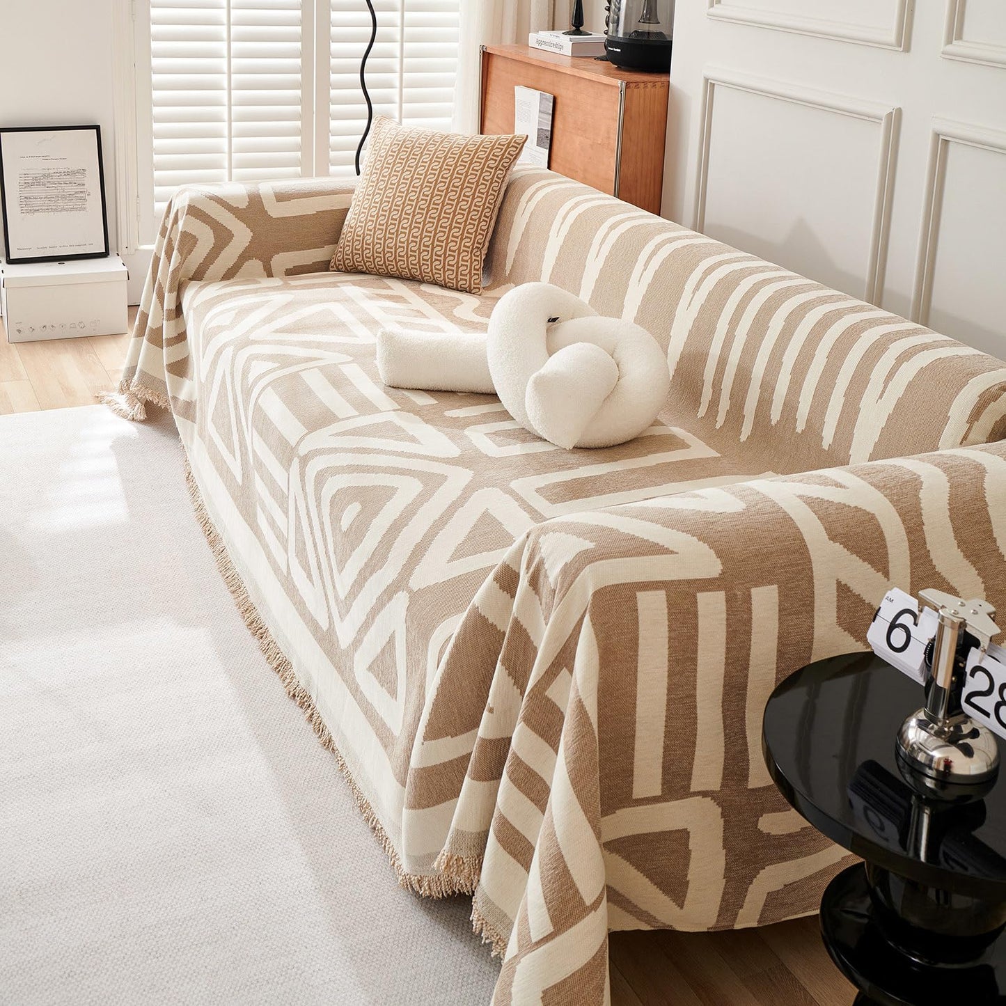 TOYROOM Chenille Sofa Cover Armchair Couch Cover Reversible Throw Sofa Slipcover with Khaki Geometry Pattern, Non Slip Boho Sofa Cover with Tassels Resistant for Dog Pet Washable, 71" x 71"