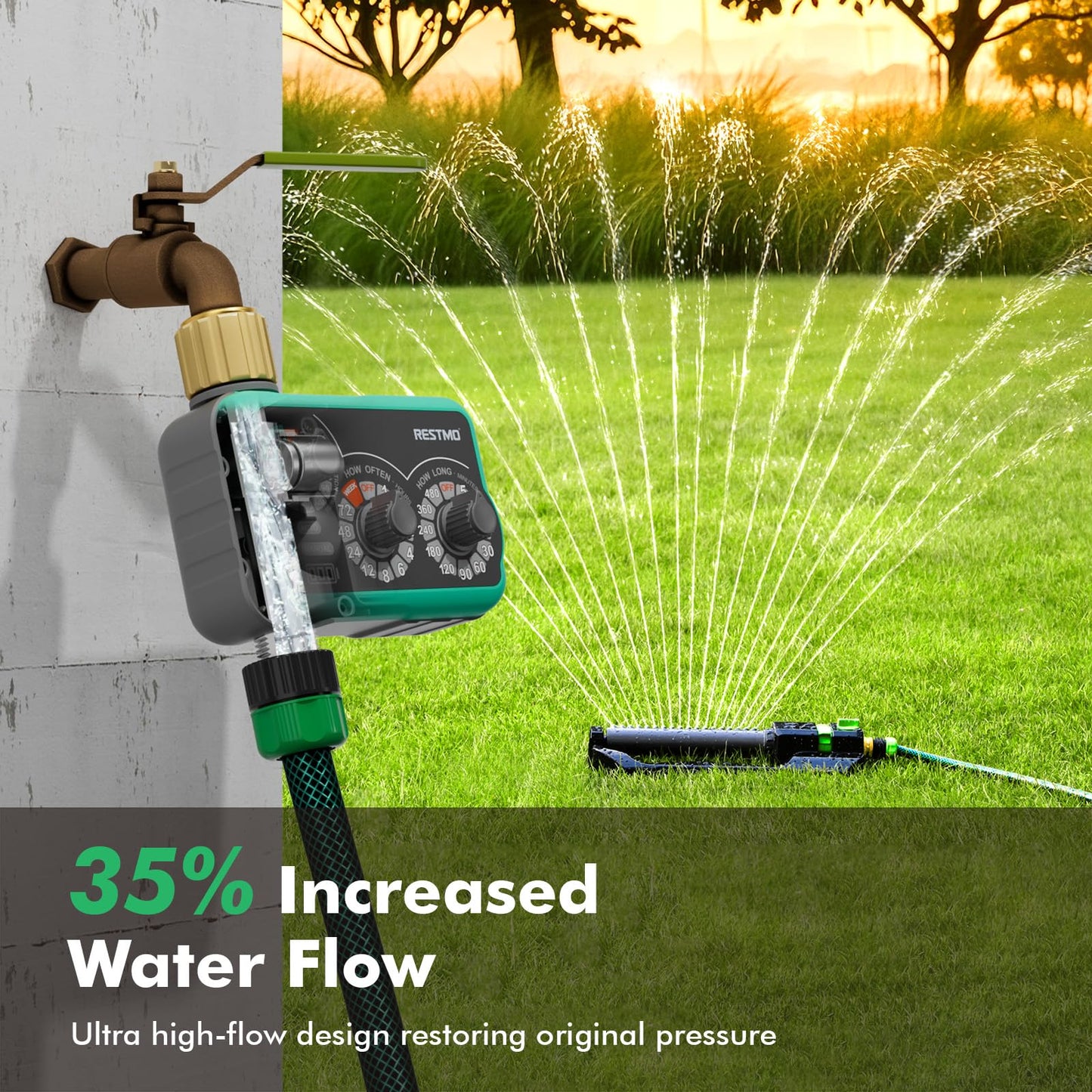 RESTMO 3-Dial Analog Sprinkler Timer with Brass Inlet & Outlet, Mechnical Water Timer for Garden Hose with Manual/Rain Delay, Automatic Drip Irrigation System, 480 Minutes Max Watering, Easy to Set Up