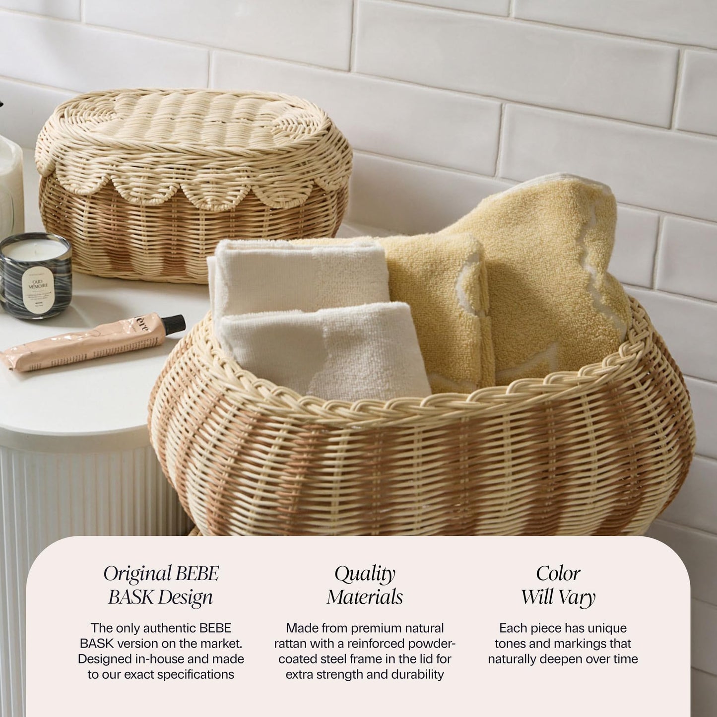 BEBE BASK The Original Scalloped Basket with Lid – Set of 2 (15 x 11 x 6 in) – Hand-Woven Rattan Scalloped Wicker Basket with Lid, Storage Baskets with Lids for Organizing (Stripey)