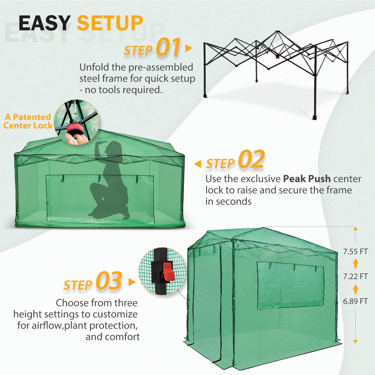 EAGLE PEAK 8x6 Portable Walk in Greenhouse, Pop Up Indoor Outdoor Greenhouse, Green House Kit with Zippered Roll-Up Doors and Windows, PE Cover, Clear/Green