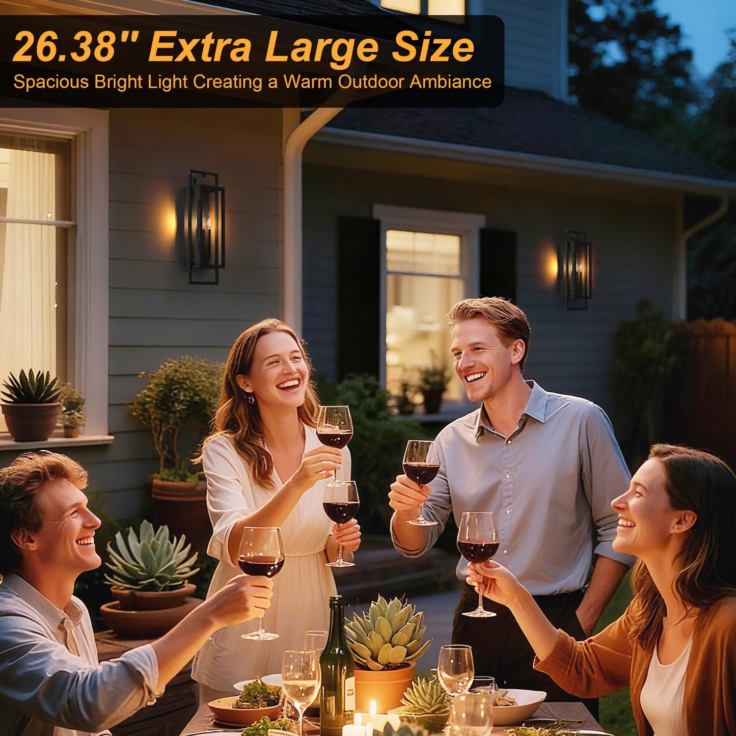 Lawyettle 26.38IN Porch Light Outdoor, Dusk to Dawn Wall Lantern with Tempered Glass, Waterproof Outside Light Front Porch Light 3-Light, Matte Black Front Open Window Wall Sconce for Patio
