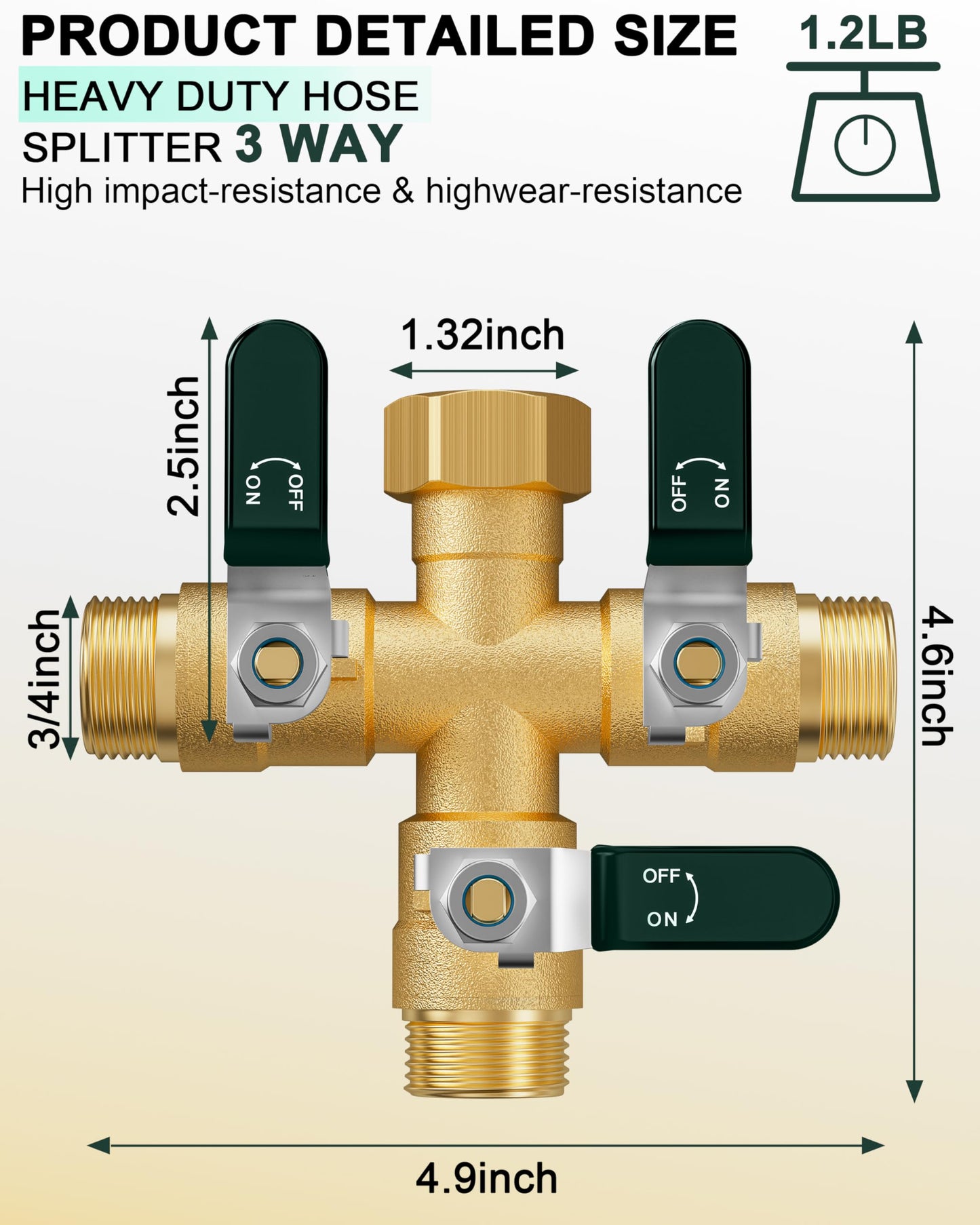 EBH Garden Hose Splitter 3 Way, Heavy Duty Solid Brass Hose Splitter with Shutoff Valves, Water Spigot Splitter With 304 Stainless Steel Handle, Full Flow Outdoor Faucet Splitter, 3/4" GHT Thread