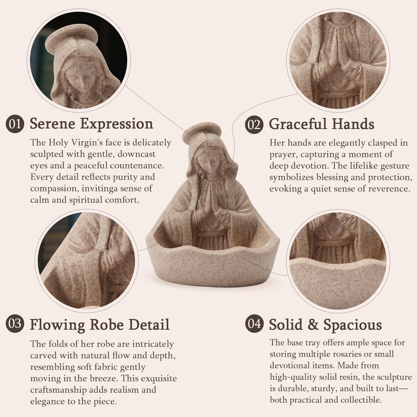 LVEOLU Virgin Mary Statue, Catholic Gifts for Women, Virgin Mary Keepsake Rosary Holder, 5.5" Blessed Mother Statues, Catholic Decor (Sandstone)