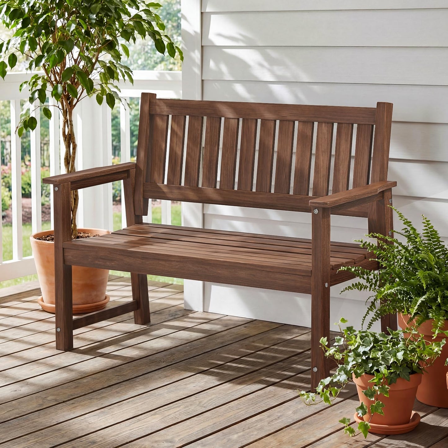 ACUEL Outdoor Bench, 2-Person Garden Bench, Poly Lumber Patio Bench for Outdoors, Porch, and Park (Brown)