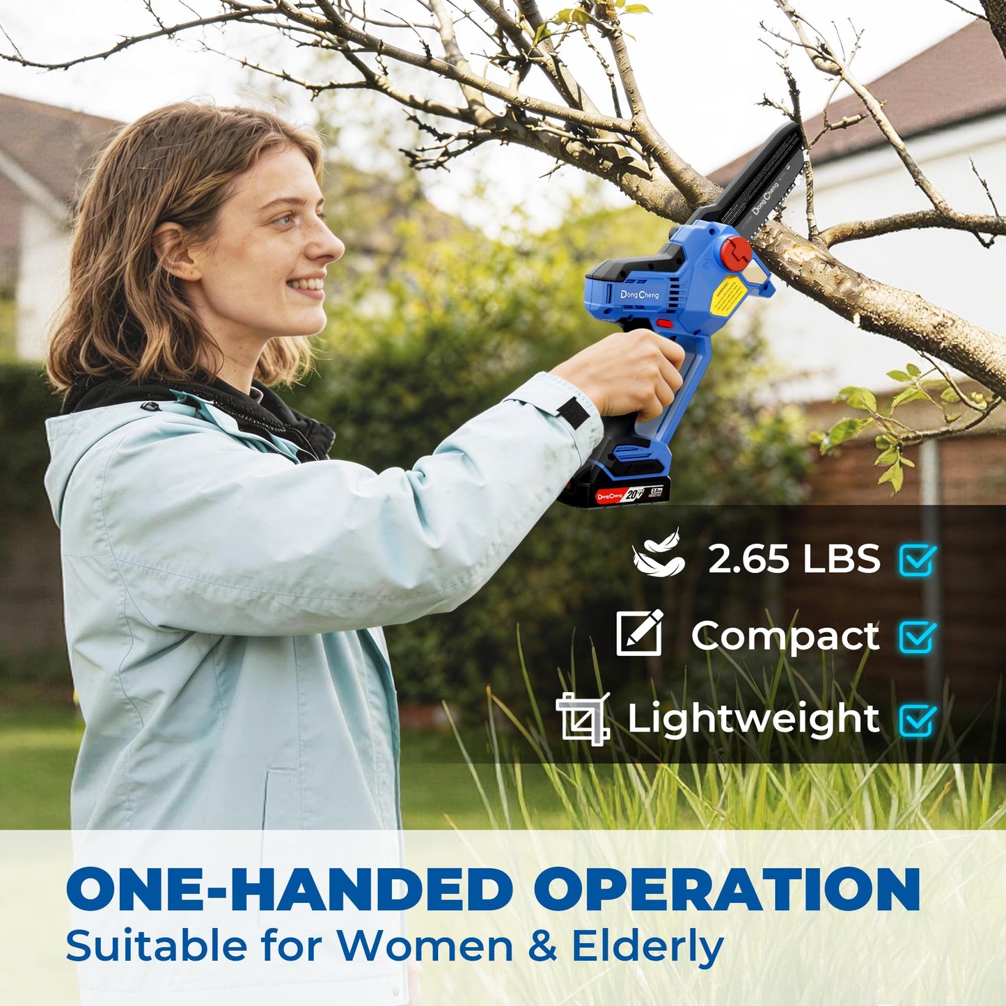 DongCheng 20V Brushless Mini Chainsaw, 6-Inch Cordless Electric Chainsaw with 2.0Ah Battery & Charger, 24000RPM, Auto Oiler, Tool-Free Chain Tension, 2.65 lbs for Wood Cutting, Tree Trimming, DIY