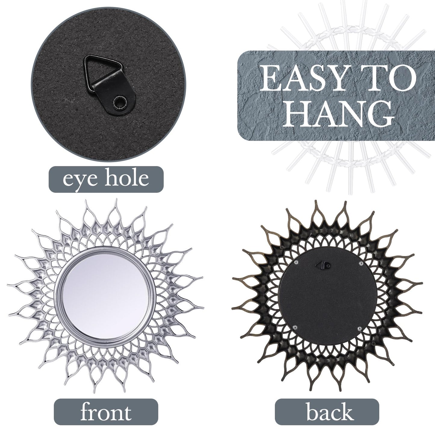 Namalu 6 Pcs Mirrors - Small Circle Sun Mirrors for Decorative Wall Art - Entryway, Bathroom, Bedroom, Living Room (Silver, Classic)