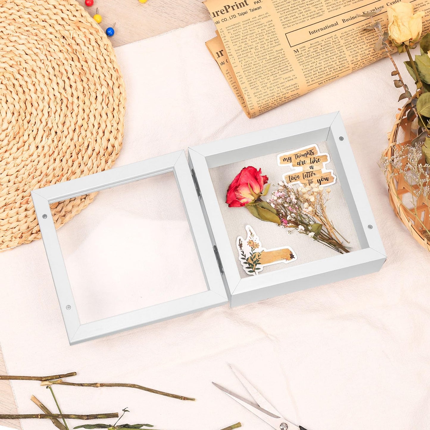 Califortree 5x5 Shadow Box Frame with Linen Back - Sturdy Rustic Memory Display Case of Flower, Pictures, Medals and More, White