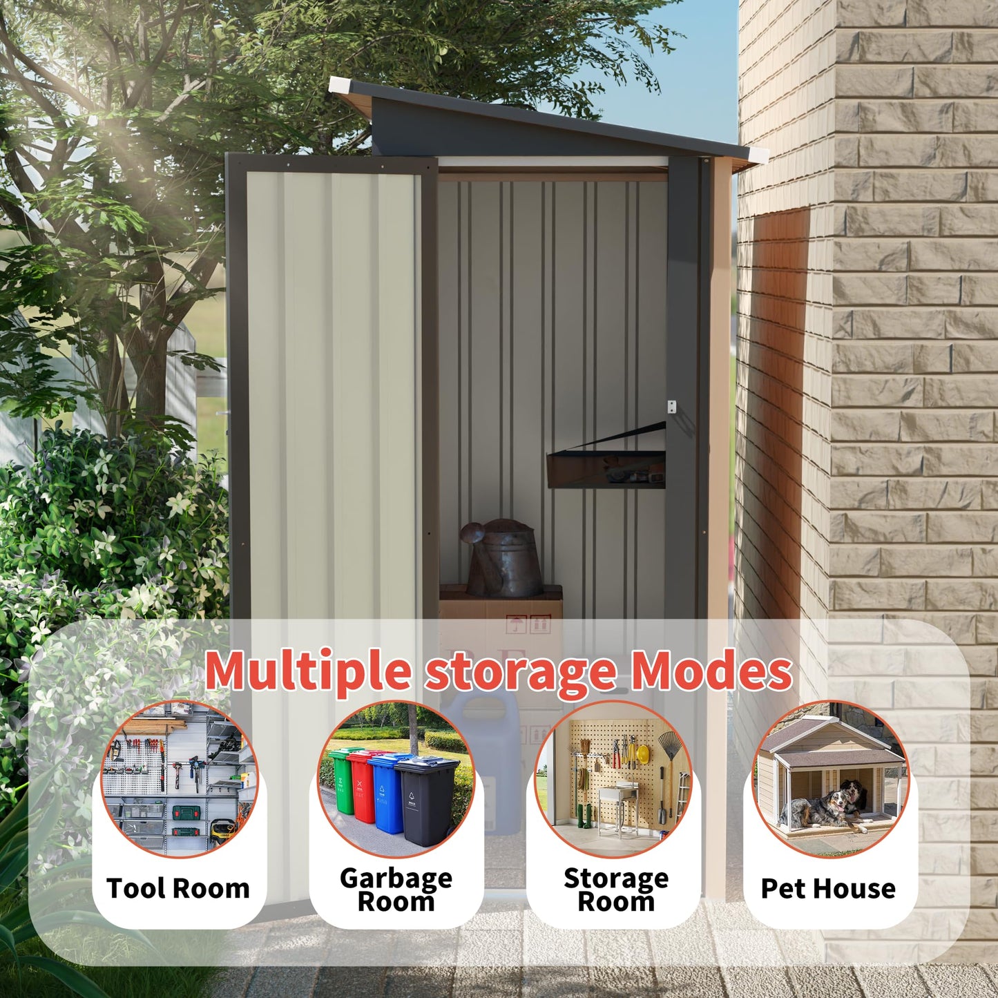 KEIKI 5x3 FT Metal Storage Shed with Pent Roof & Side Hinge Door, Small Outdoor Storage Shed for Garden Tools, Backyard Metal Shed for Patio or Tiny House Use, Brown