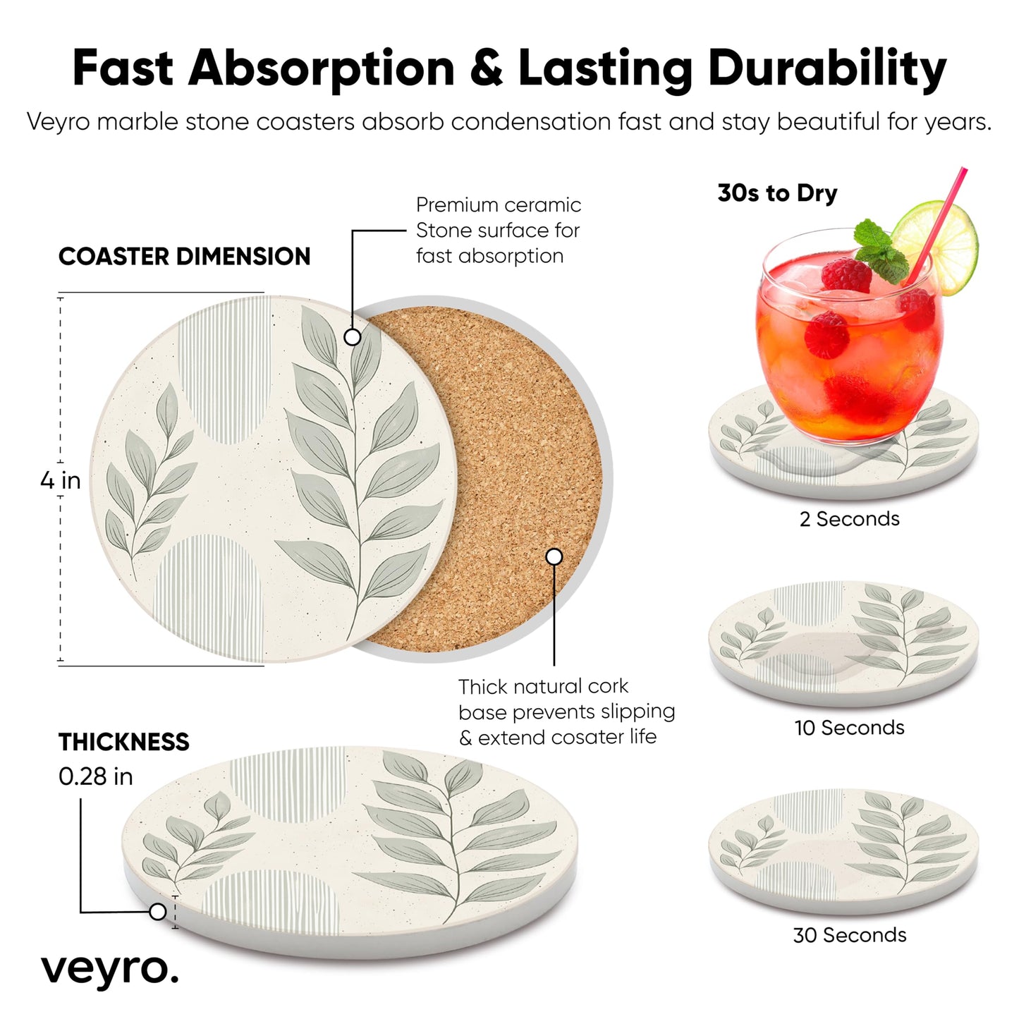 VEYRO Ceramic Coasters Set of 4 – Absorbent Stone Drink Coasters with Holder, Non-Slip Cork Backing, Modern Marble Look Coasters for Coffee Table, Desk & Home Decor