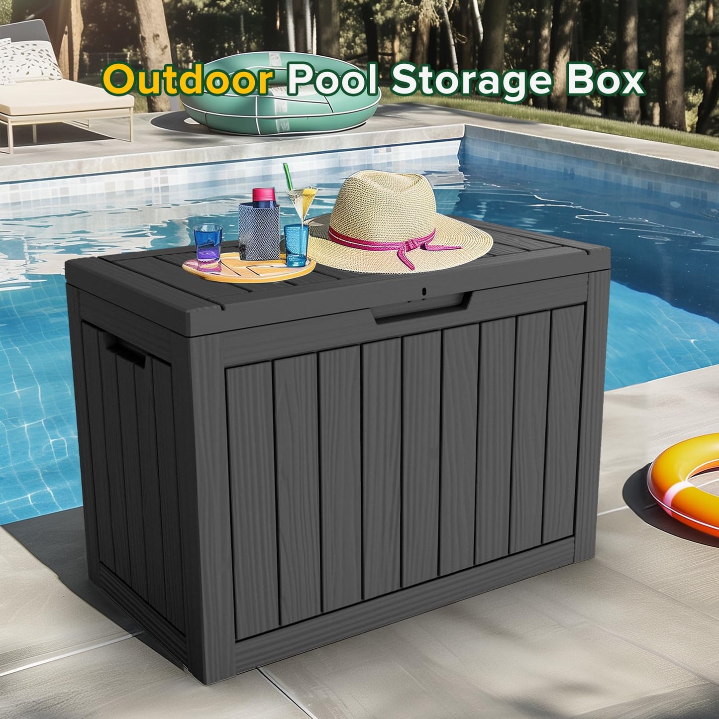 PatioZen 45 Gallon Resin Deck Box, Lockable Patio Outdoor Storage Box for Furniture, Garden Tools and Tools Storage, Waterproof Outside Storage Boxes - Black