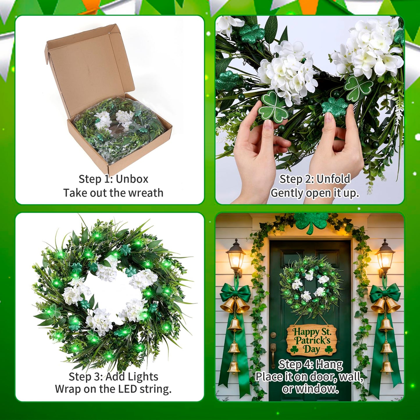 22" st Patricks Day Wreaths for Front Door, Green Shamrock & White Hydrangea Artificial Wreaths with LED Lights, Spring Holiday Wreath for Wall Window Porch Home Decor