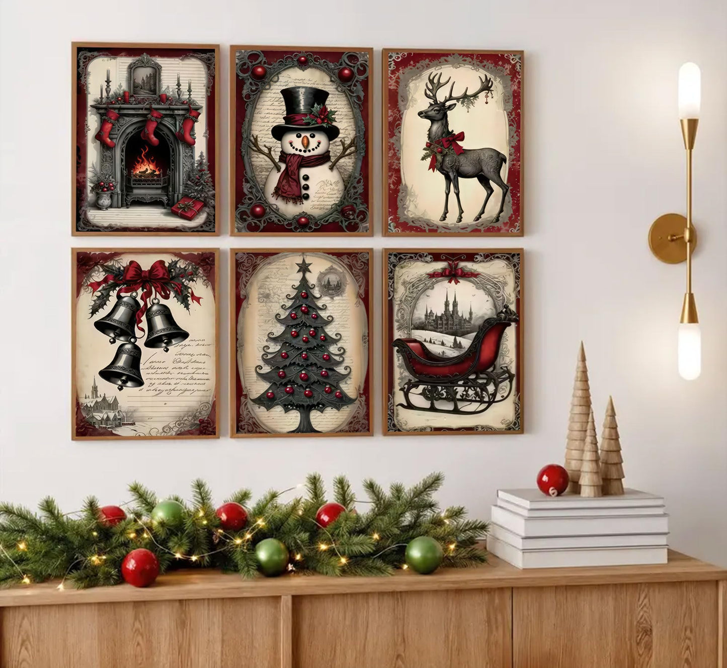 6pcs Christmas Canvas Wall Art Red Christmas Tree Snowman Elk Posters Prints Paintings Winter Landscape Festive Elements Wall Decor Pictures for Living Room And Bedroom Furniture Decoration Unframed