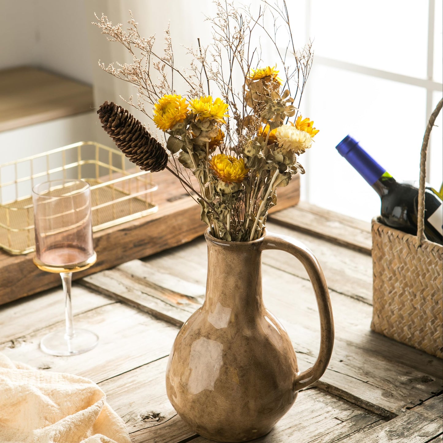 Tanvecle Brown Ceramic Vase with Big Handles, Modern Farmhouse Decor, Rustic Pottery for Flowers, Decorative Terracotta Centerpiece for Dining Table