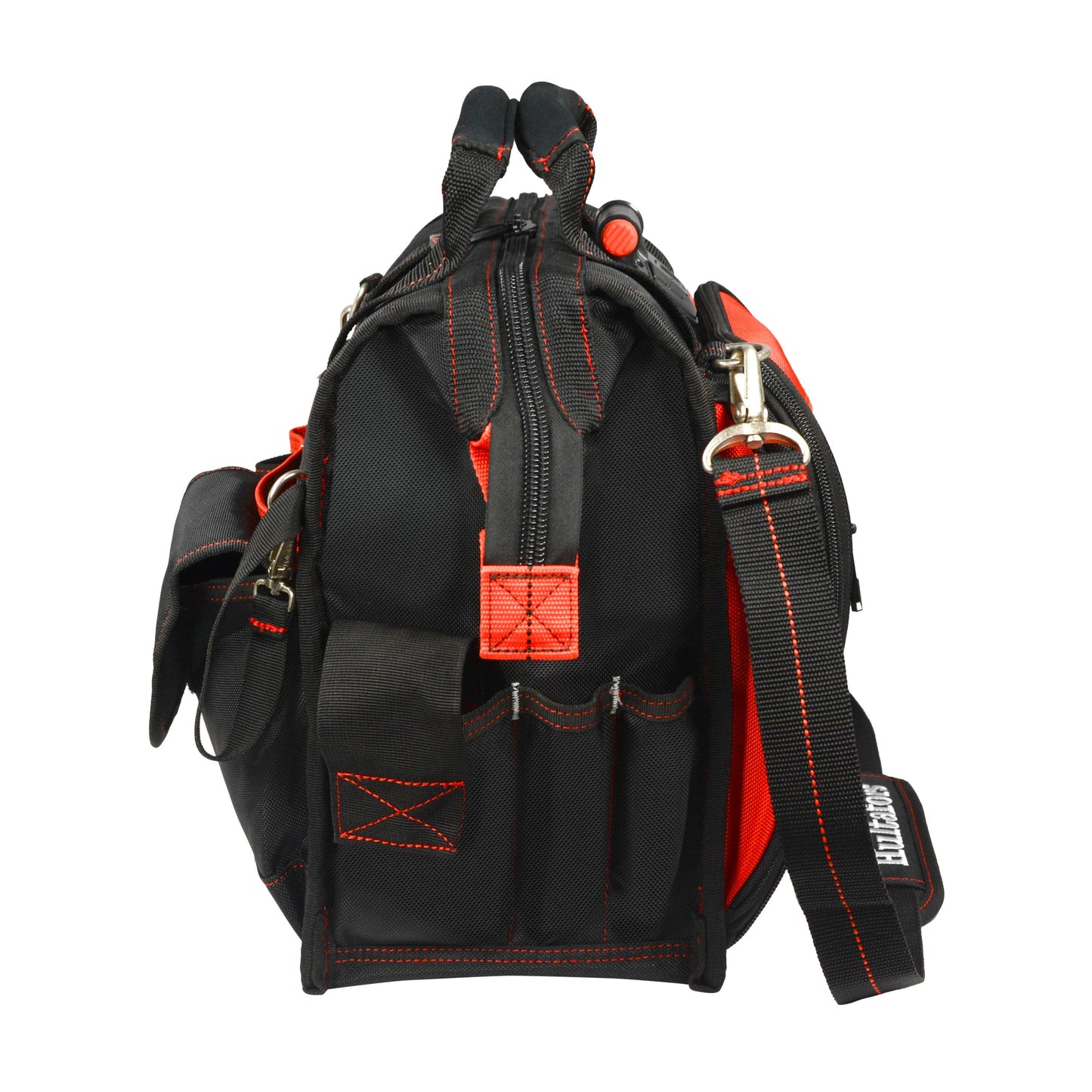 Hultafors Work Gear HTL573 Lighted Technician's Tool Bag, 55 Pockets, Heavy Duty Ballistic Polyester Tool Carrier, Adjustable Swivel Light, Large Center Compartment