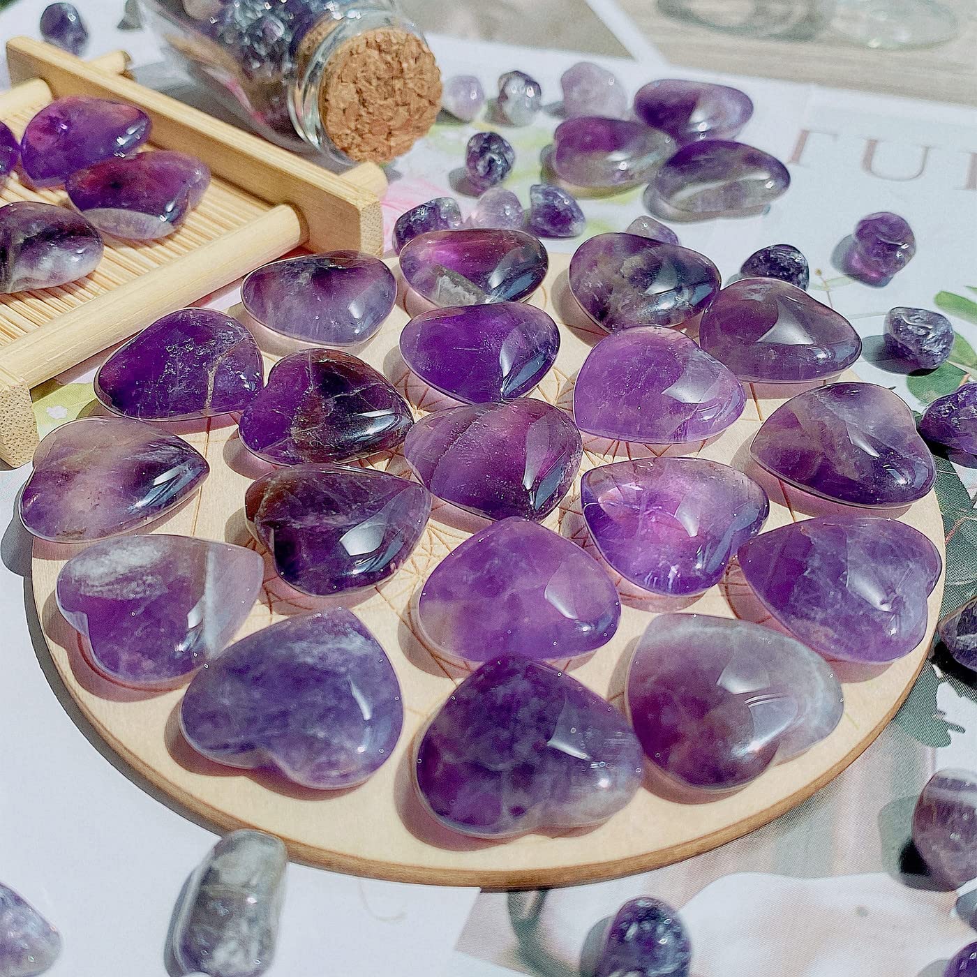 QINJIEJIE 20 PCS Amethyst Heart Crystal Purple Healing Crystals Natural Cute Stones Pocket Healing Palm Love Bulk Set Wholesale Reiki Energy Balancing Meditation Valentine's Day Gift