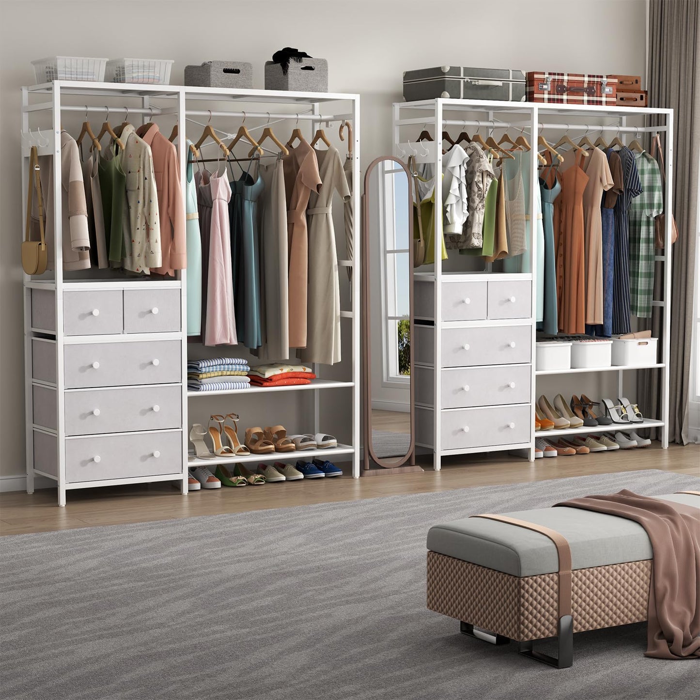 Auromie Clothes Rack with 5 Drawers & 4 Storage Shelves, 59.1W*70.9H Heavy Duty Clothing Rack with 2 Hanging Rods, Wardrobe Closet Organizer System with 5 Hooks, Freestanding Garment Rack (White)
