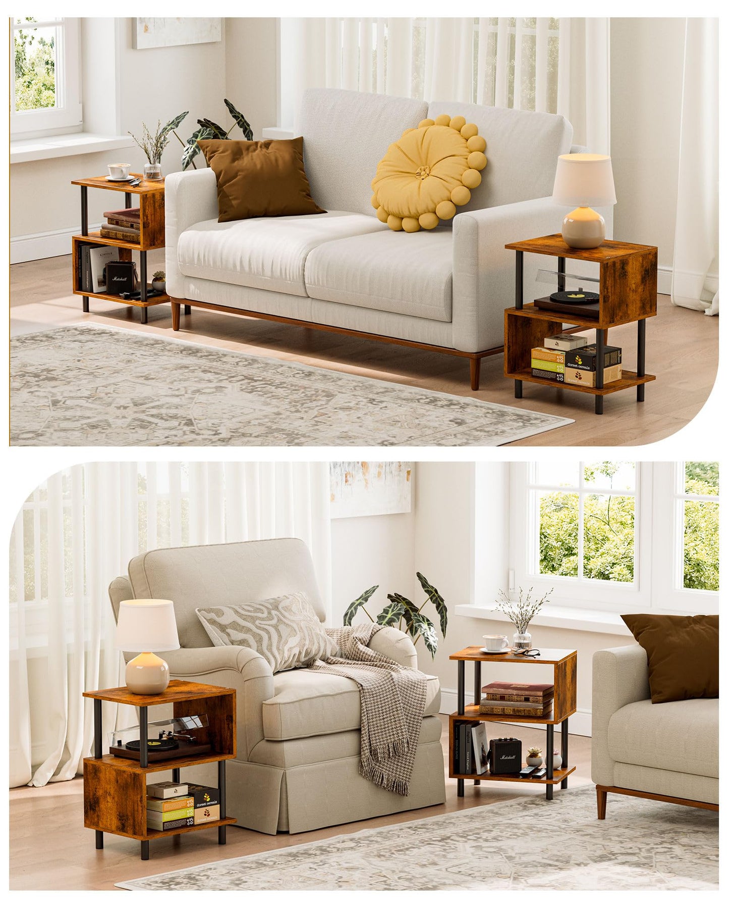 Frylr Small Side Table, End Table and Nightstand with 3-Tier Wood Shelves, Sturdy Metal Frame with 44 LBS Capacity per Shelf, Easy to Assemble for Living Room or Bedroom,Rustic Brown