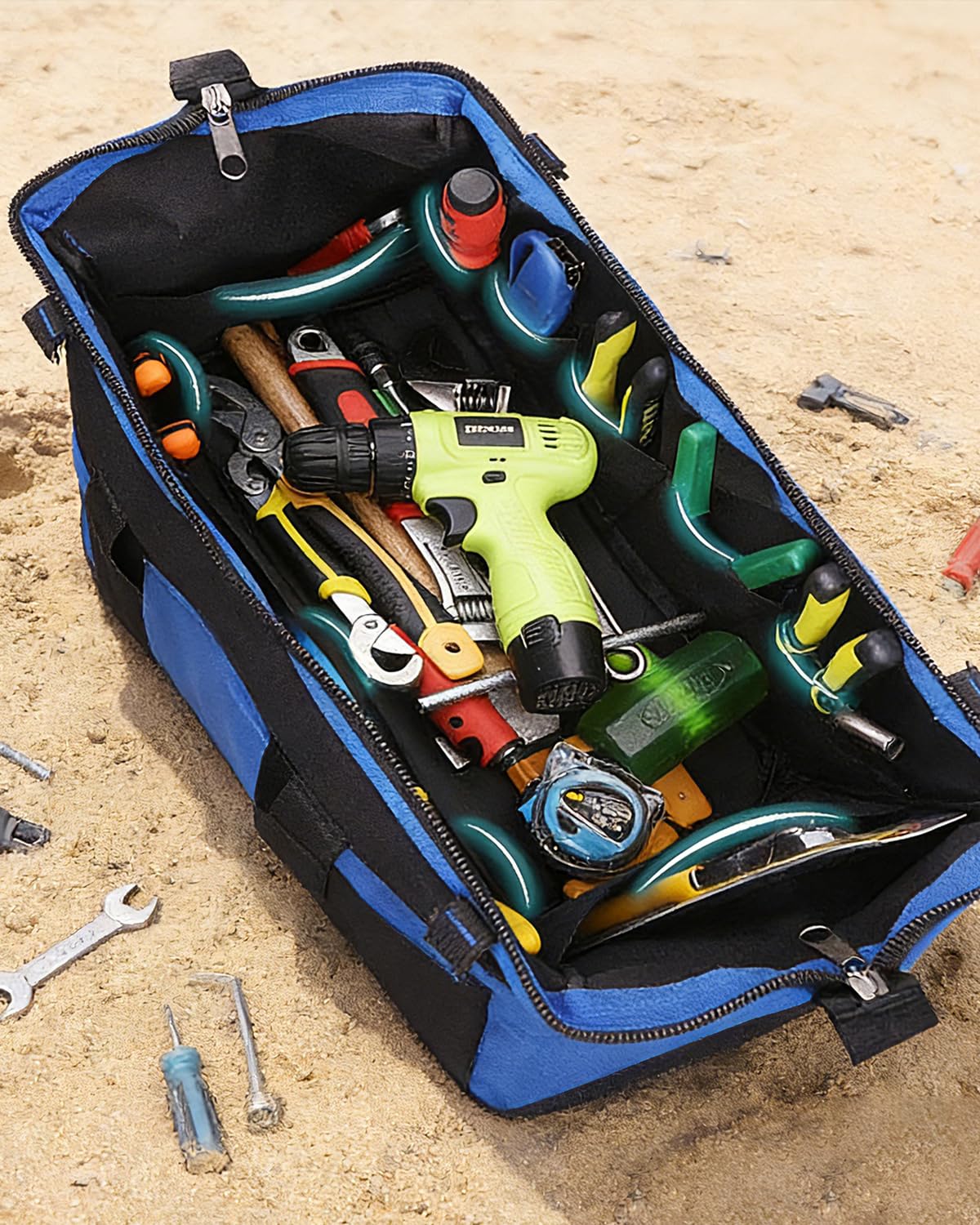 Heavy Duty Tool Bag 17-Inch,16 Pockets Portable Electrician Tool Box Organizer with Hard Bottom & Adjustable Shoulder Strap,Big Storage Toolbag,Soft Handle Carrying Toolbox for Men Husband Dad Father