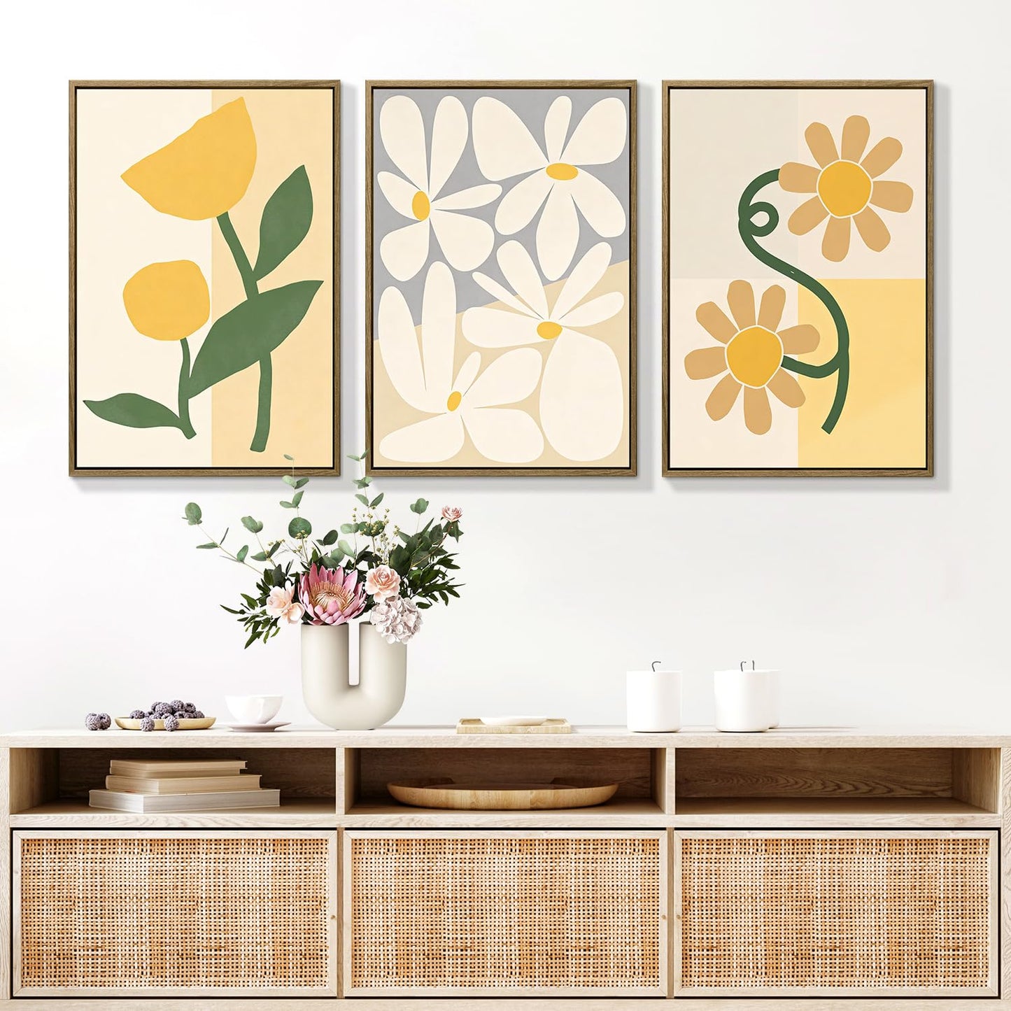 3Pcs Large Framed Botanical Canvas Wall Art, Modern Neutral Plant Abstract Canvas Prints, Minimalist Nature Wall Decor, Large Wall Art for Living Room Bedroom Office Farmhouse Decor 16 * 24in