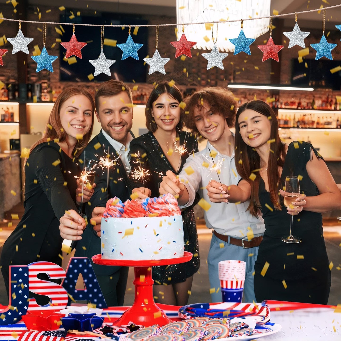 DTOFOOT 36PCS Mini Resin Patriotic Star Ornaments 4th of July Hanging Pendants for Small Tree Glitter Blue Red Star Charms with String for Memorial Day Independence Day 250th Anniversary Party Decor