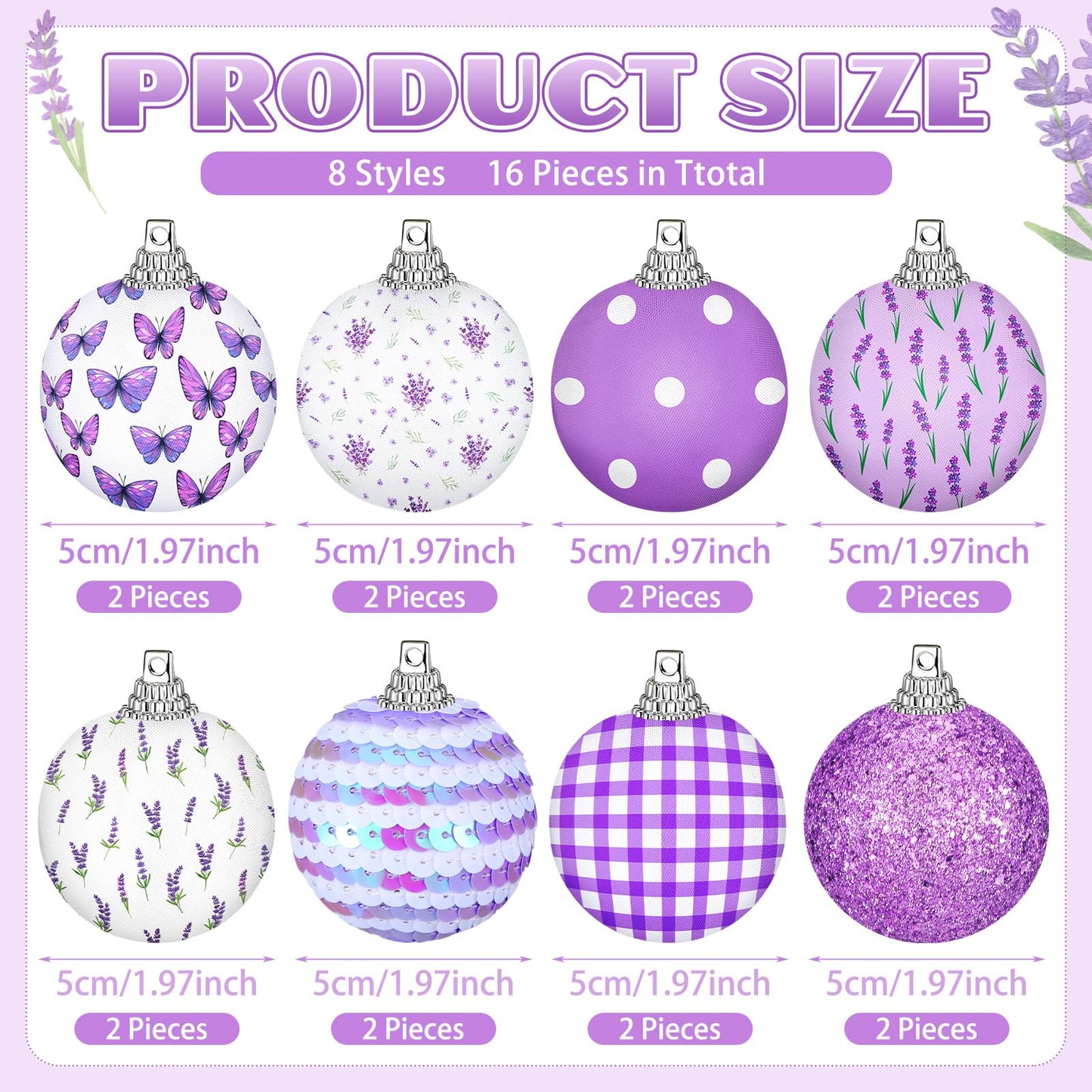 Zeyune 16 Pcs 1.97 Inch Spring Ornaments for Small Tree Lavender Butterfly Tree Decorations Summer Purple Glitter Sequin Balls Hanging Decor for Holiday Party Favors