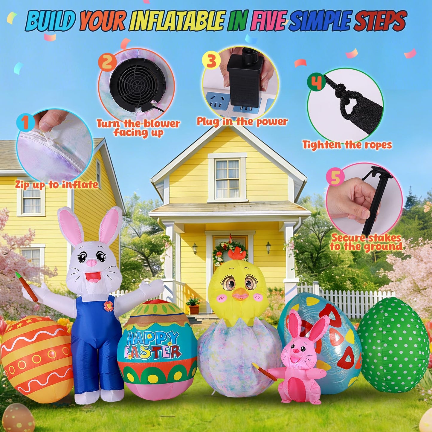 KISSUNY Easter Inflatable Outdoor Decoration, 11.5 FT Wide White Bunny with Chick and Easter Eggs, Built-in LED Lights, Blow Up Yard Decor for Lawn and Garden