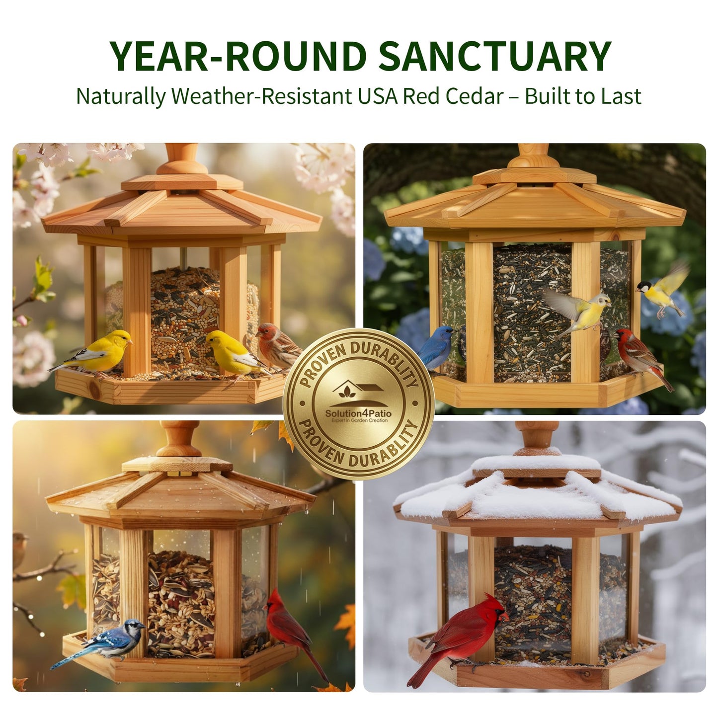 Solution4Patio Bird Feeder for Outdoors - USA Cedar Hexagon Gazebo Bird Feeders with Vented Mesh Tray, Easy-Clean & Fill Design 9.6" Dia. X 8.7" H 3.2-lb Capacity
