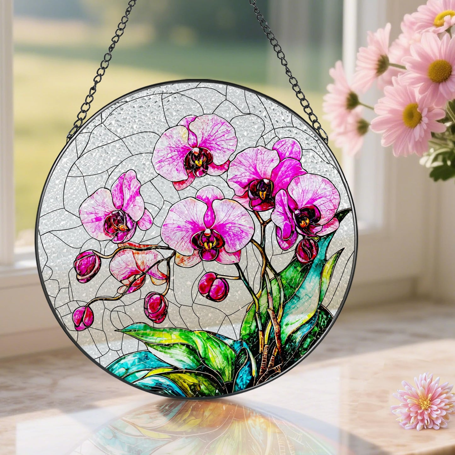 8-Inch Stained Glass Ornament, Stained Glass Window Hanging, Window Hanging Decor Suncatcher, Orchid Flower Ornament | Christmas, Mother's Day, Birthday | Gifts for Mom & Grandma, Flower Lover Gift
