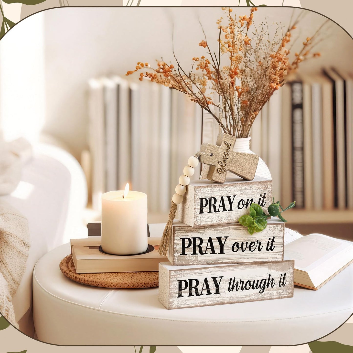 Moucuny 4 Pcs Christian Table Decor Wooden Cross Wooden Bible Verse Sign Inspirational Religious Christian Centerpiece Pray Block Signs Farmhouse Table Decoration for Mother's Day