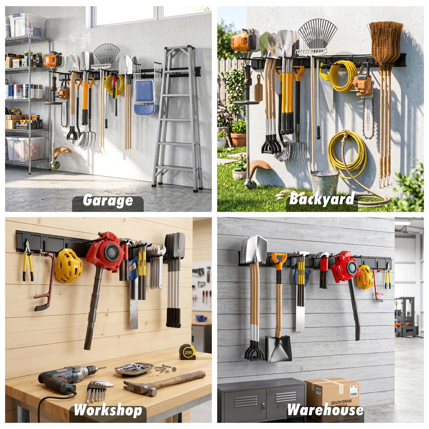 Housolution Heavy Duty Garage Wall Organizer 64 Inch - 18Pack Carries 570 lbs, Garage Tool Organizer Storage System, 4 Rails with 12 Adjustable Hooks, Garden Tool Organizer for Warehouse, Workshop
