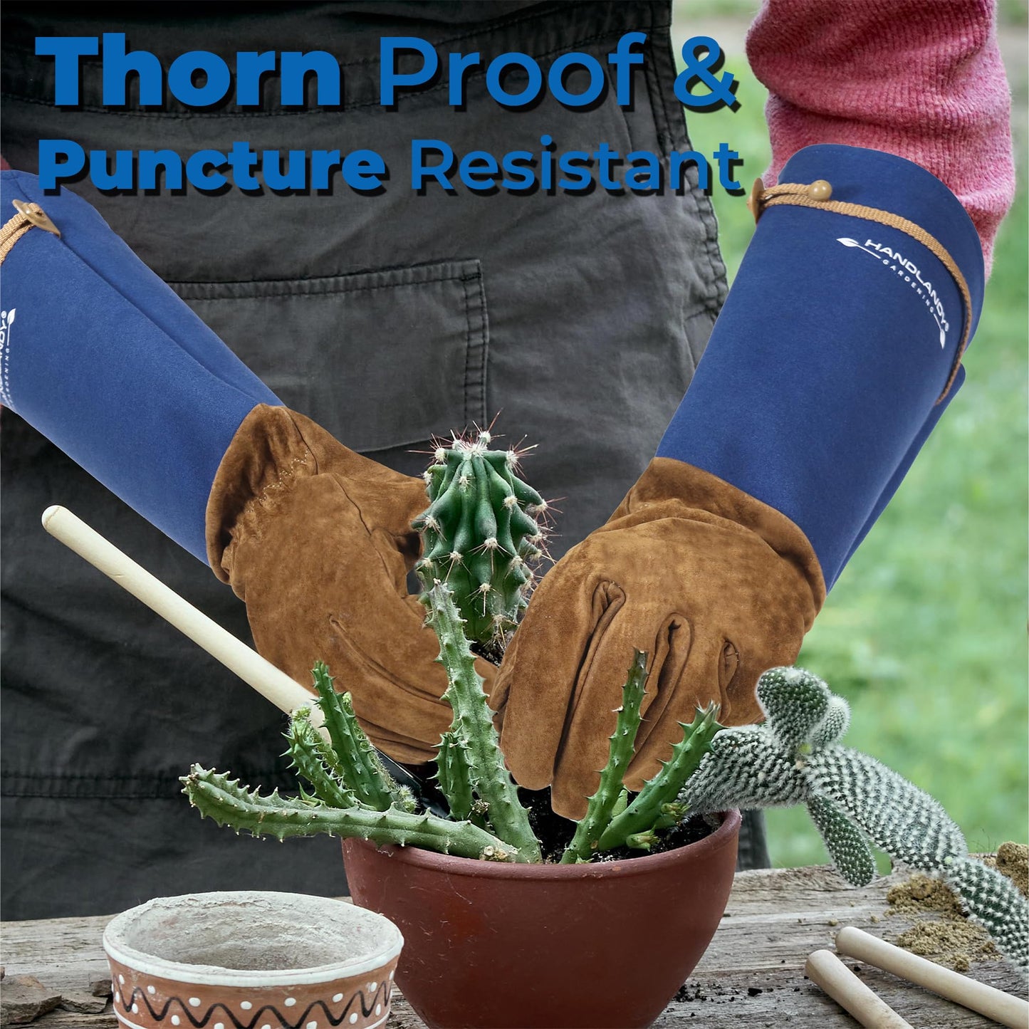 HANDLANDY Long Gardening Gloves for Men & Women, Pigskin Leather Rose Pruning Gloves, Breathable Thorn Proof Gauntlet Glove (Blue, M)