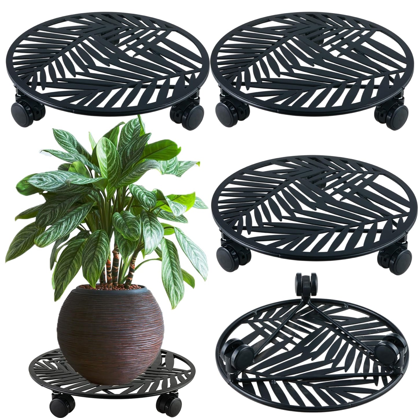 3 Packs Large Metal Plant Caddy with Wheels 13" Rolling Plant Stands Heavy-duty Wrought Iron Roller Planter Movers Indoor Outdoor Wheeled Plant Dolly with Casters Tray Coaster, Slender leaves